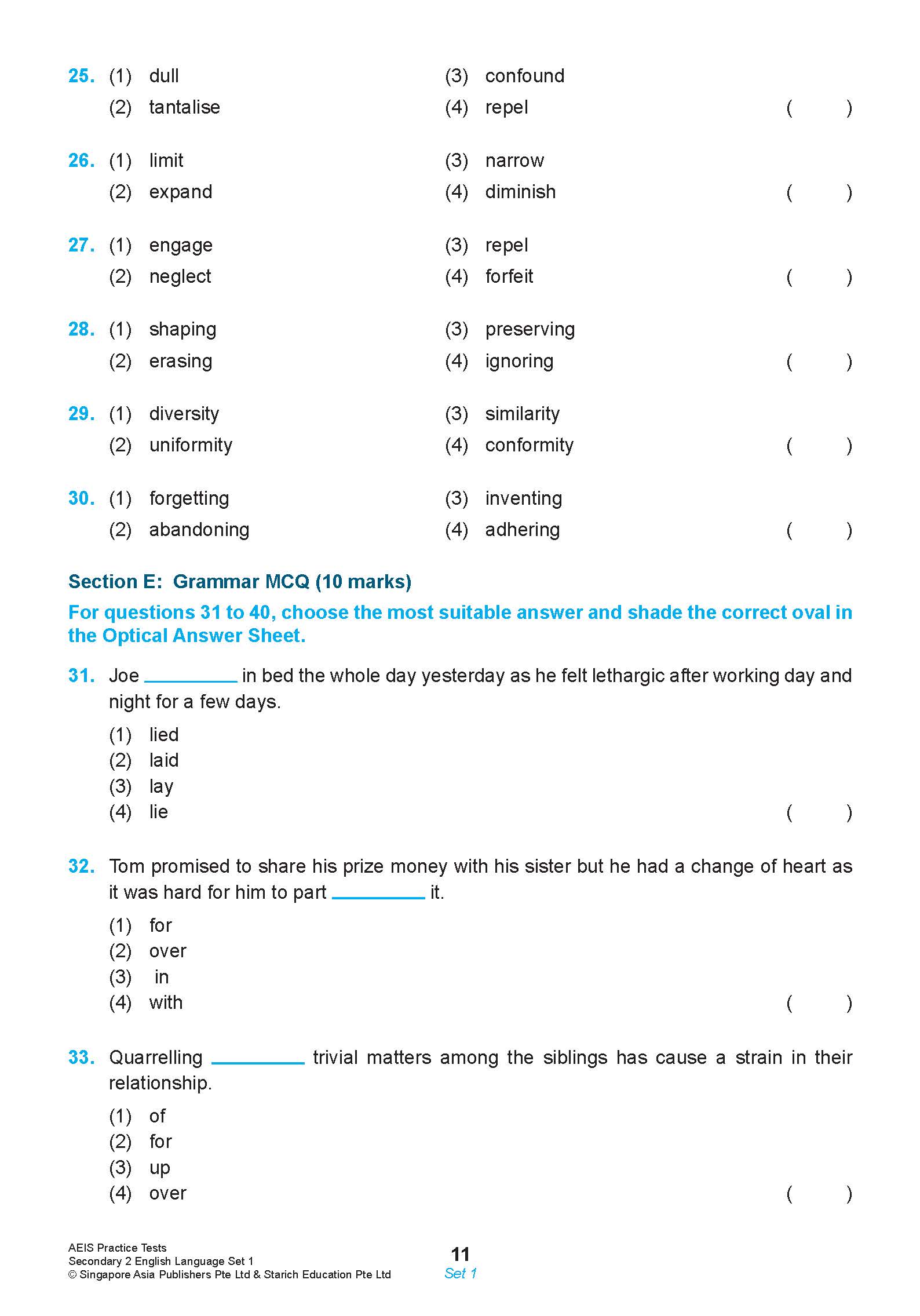 AEIS Practice Tests ENGLISH – Secondary 2 (13 to 15+ Years)