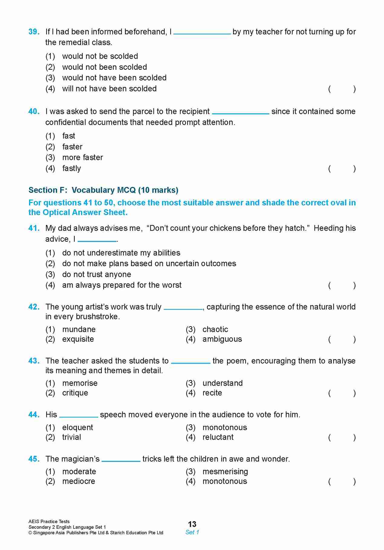 AEIS Practice Tests ENGLISH – Secondary 2 (13 to 15+ Years)