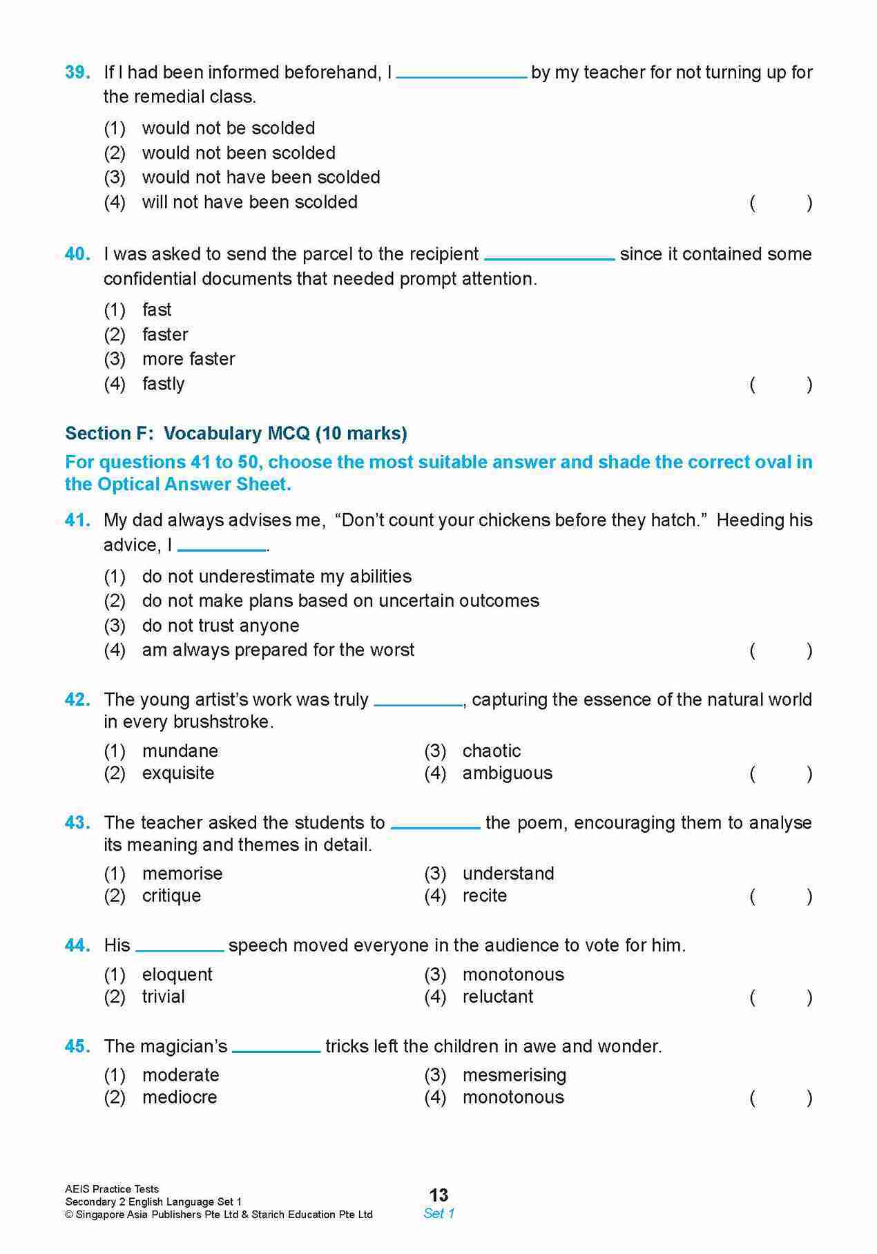 AEIS Practice Tests ENGLISH – Secondary 2 (13 to 15+ Years)