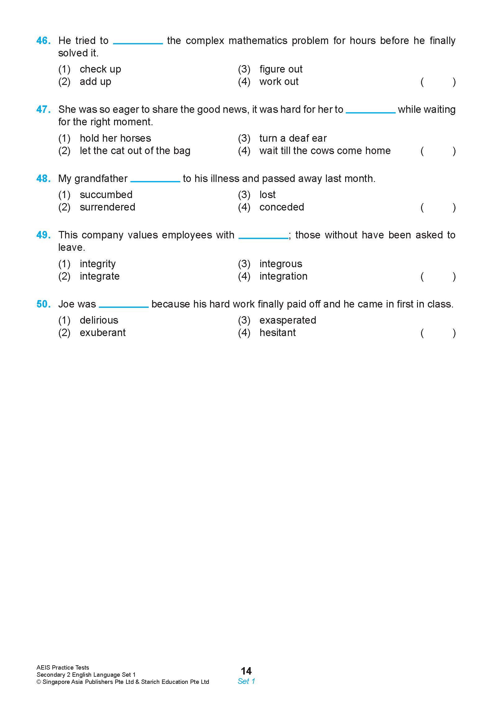 AEIS Practice Tests ENGLISH – Secondary 2 (13 to 15+ Years)