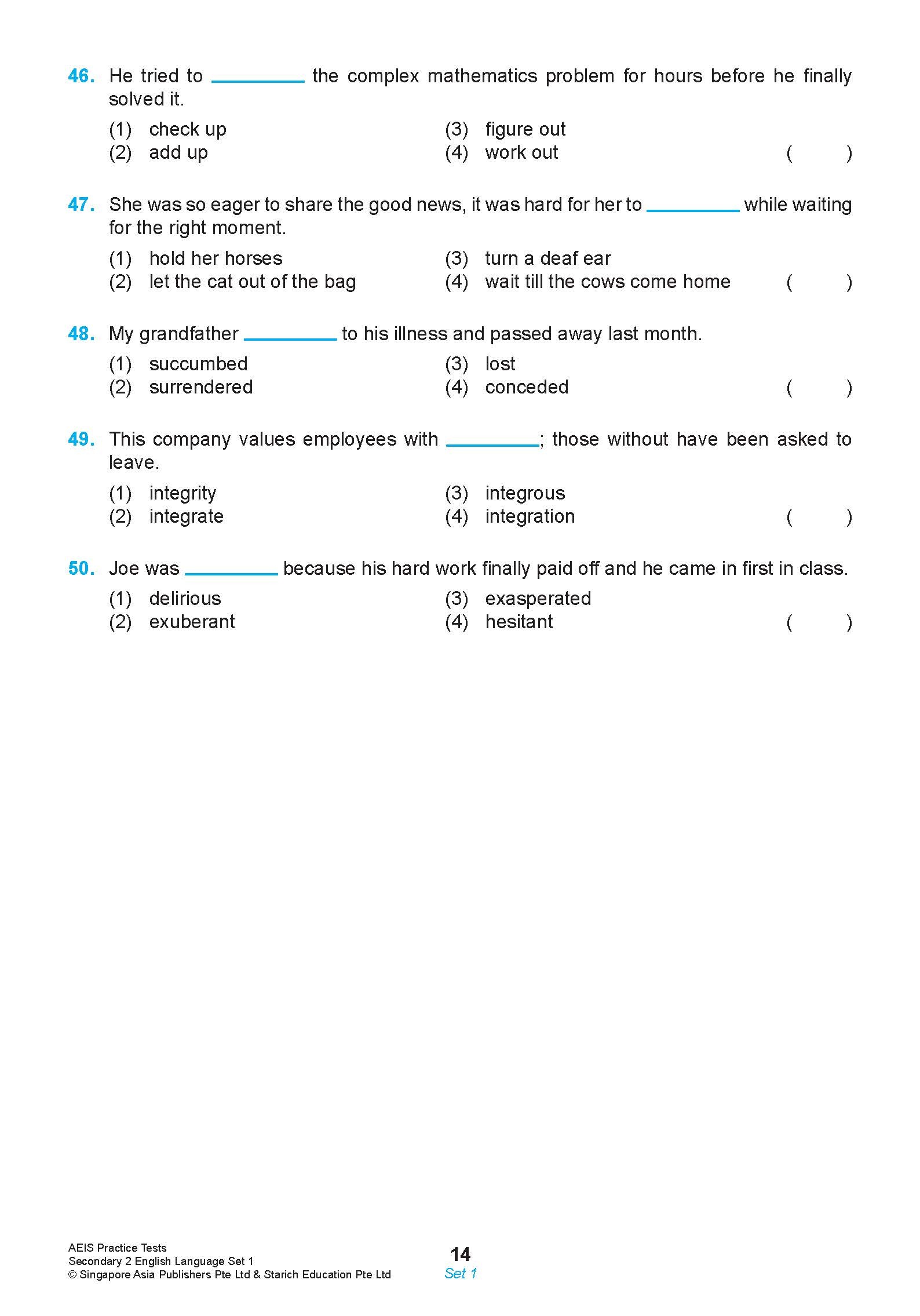 AEIS Practice Tests ENGLISH – Secondary 2 (13 to 15+ Years)