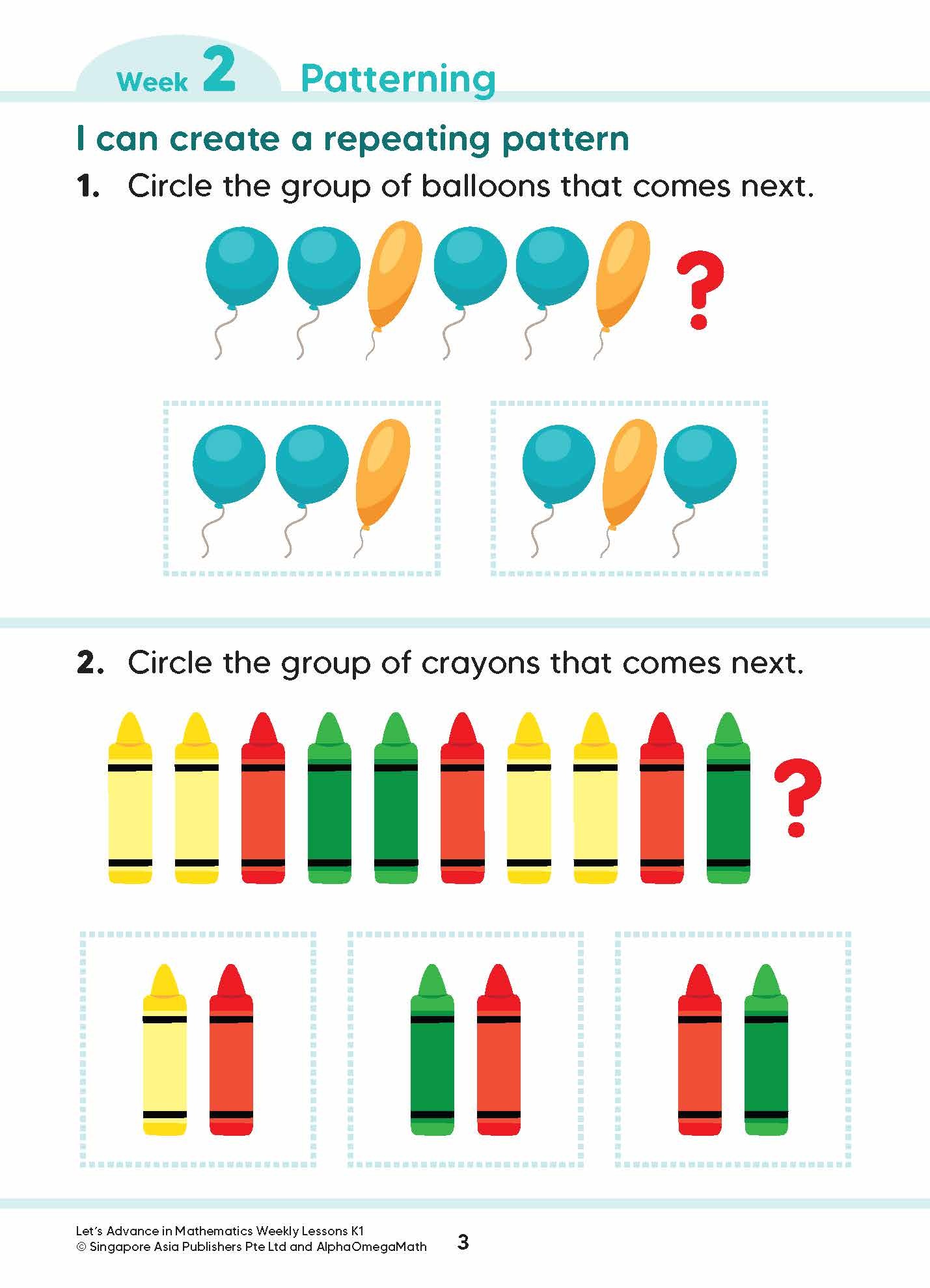 Let’s Advance in MATHEMATICS WEEKLY LESSONS Kindergarten 1