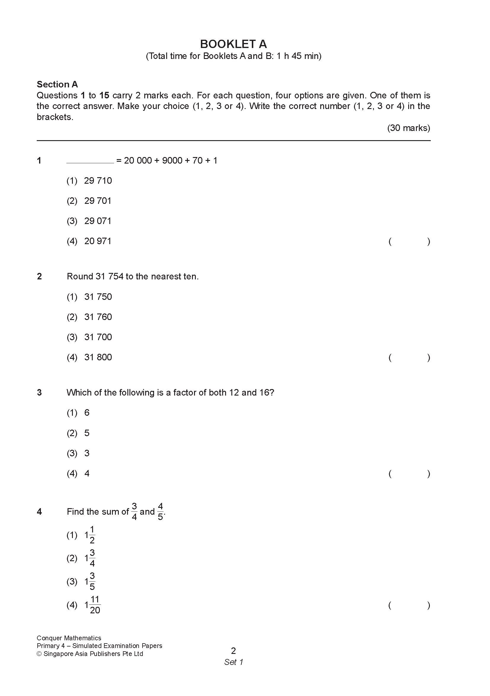 Conquer Mathematics Primary 4 Simulated Examination Papers