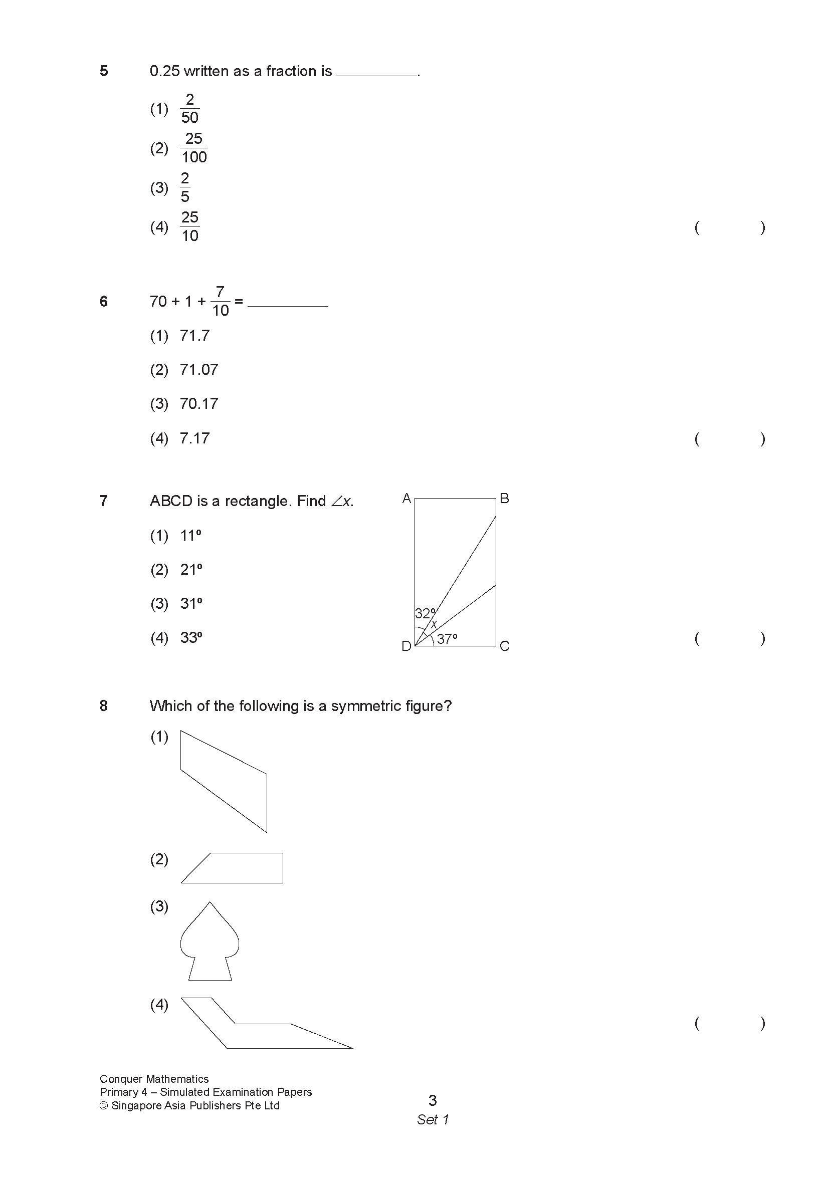 Conquer Mathematics Primary 4 Simulated Examination Papers