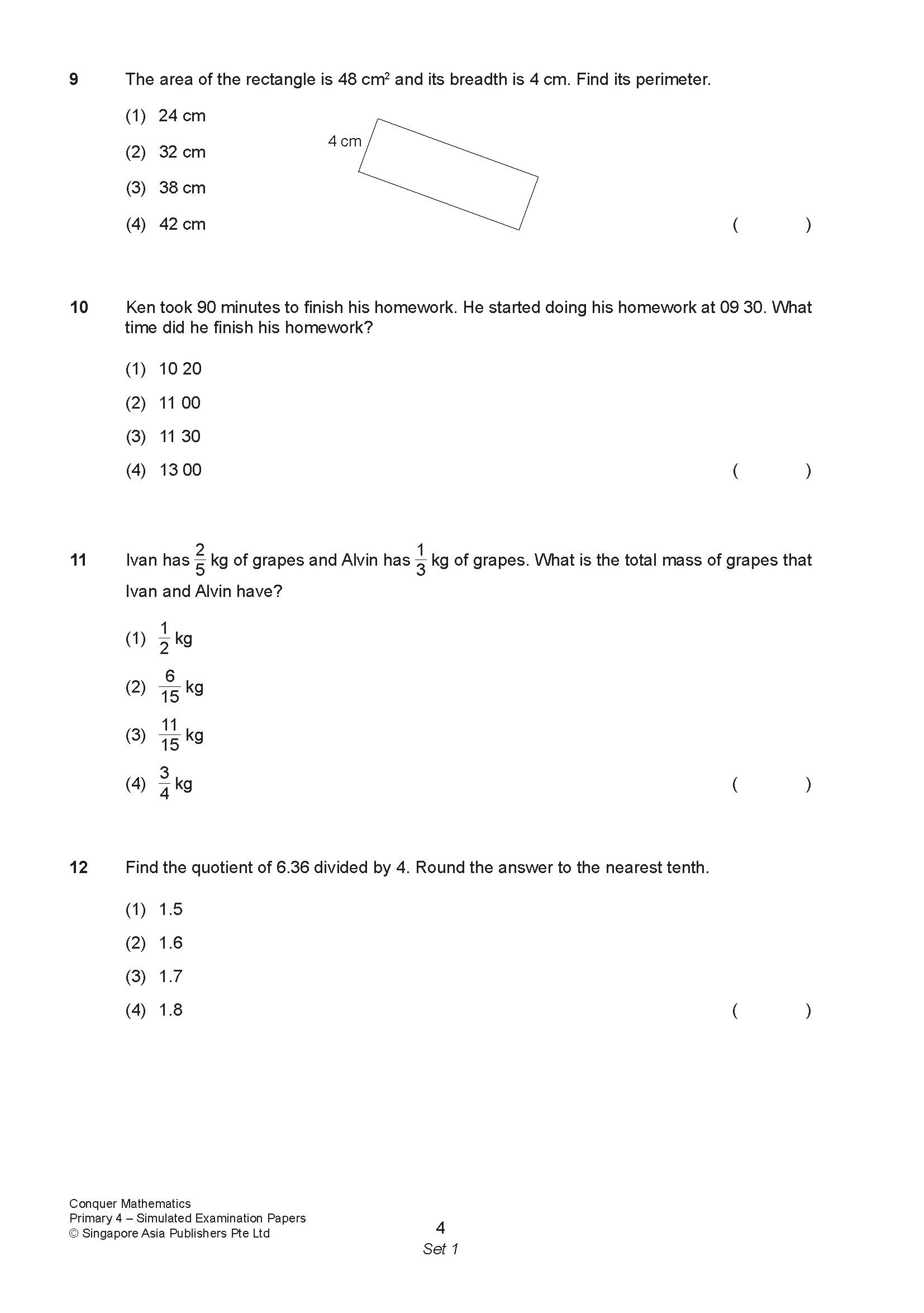 Conquer Mathematics Primary 4 Simulated Examination Papers