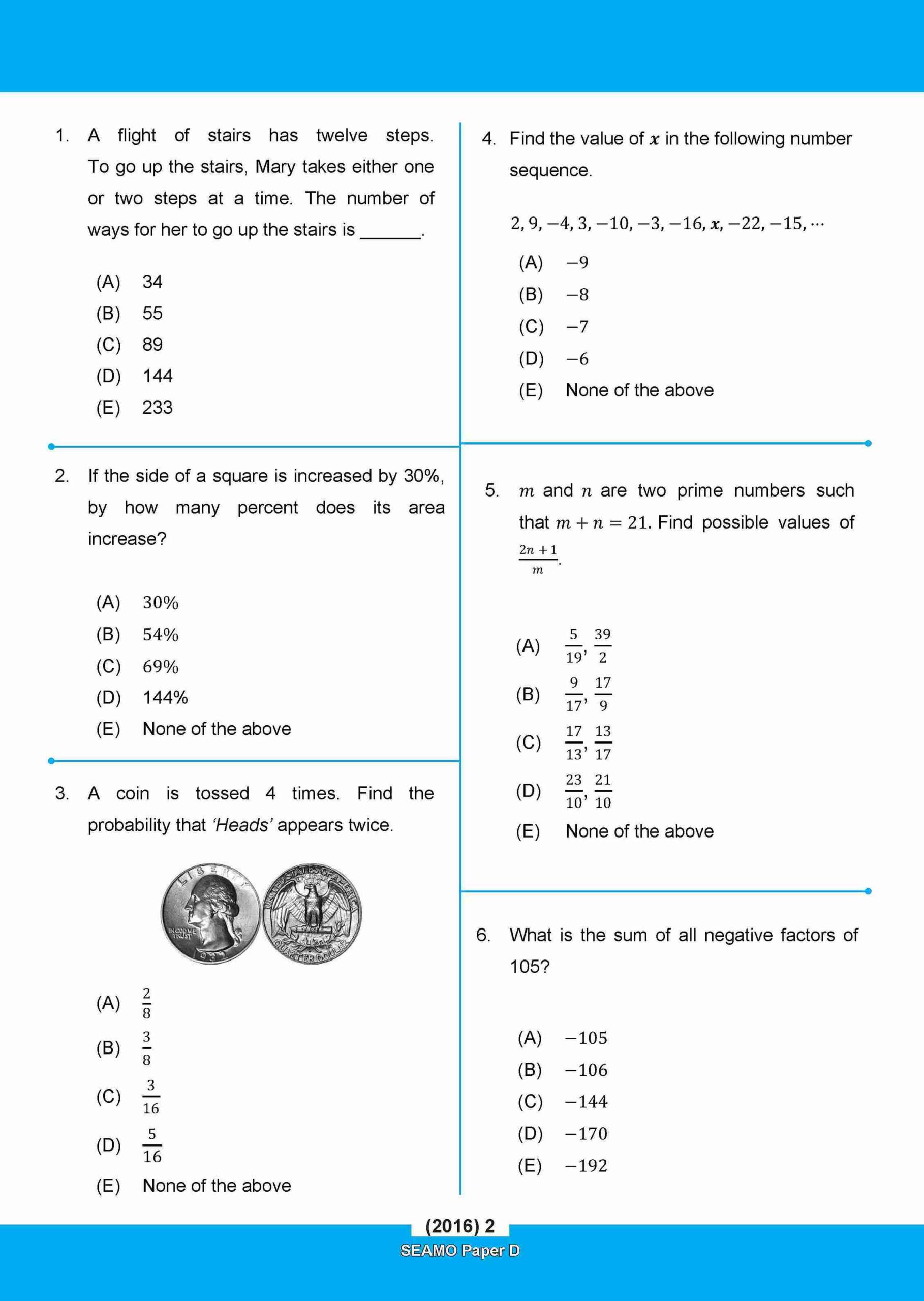 SEAMO Math Olympiad International Competition Preparation Paper D (SEAMO 2016-2024 + SEAMO X 2019-2025) Secondary 1&2