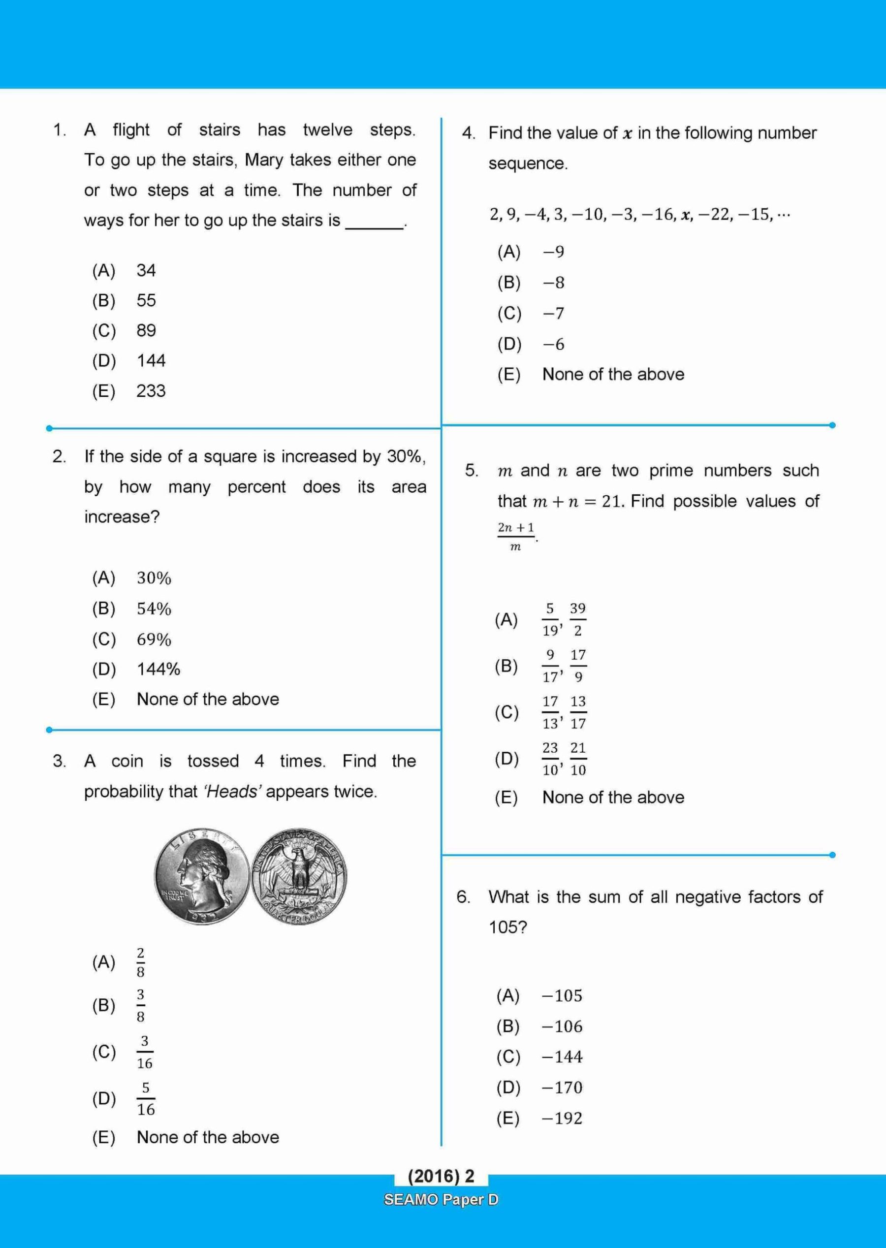 SEAMO Math Olympiad International Competition Preparation Paper D (SEAMO 2016-2024 + SEAMO X 2019-2025) Secondary 1&2