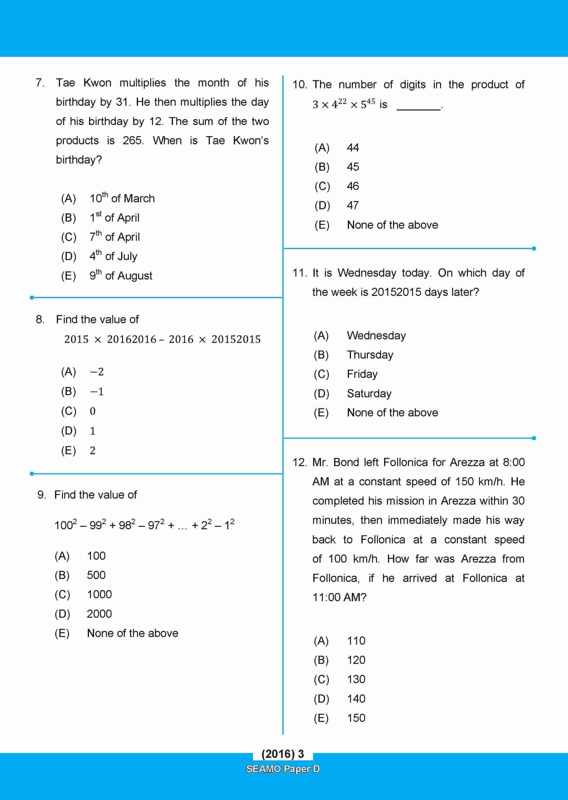 SEAMO Math Olympiad International Competition Preparation Paper D (SEAMO 2016-2024 + SEAMO X 2019-2025) Secondary 1&2