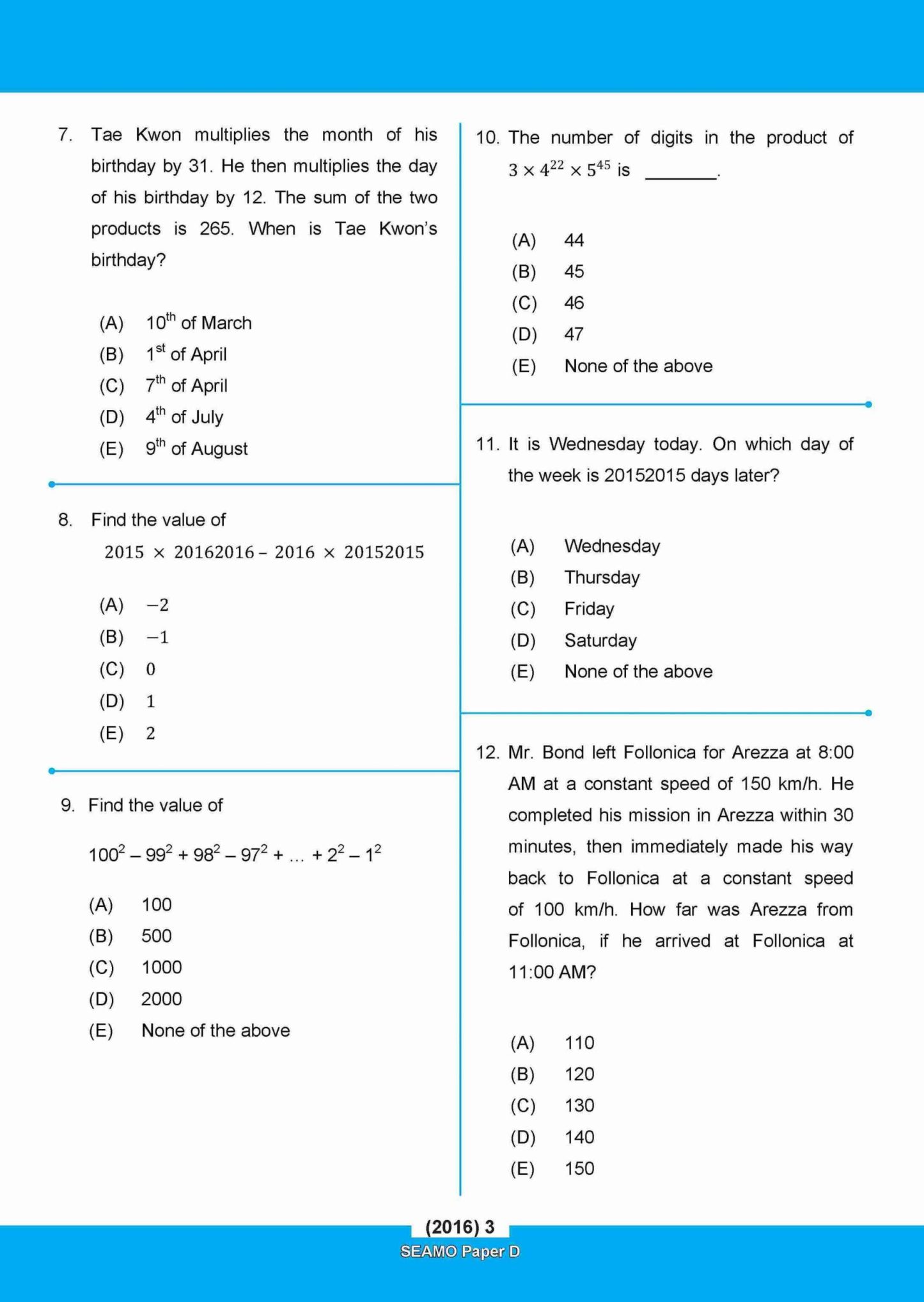 SEAMO Math Olympiad International Competition Preparation Paper D (SEAMO 2016-2024 + SEAMO X 2019-2025) Secondary 1&2