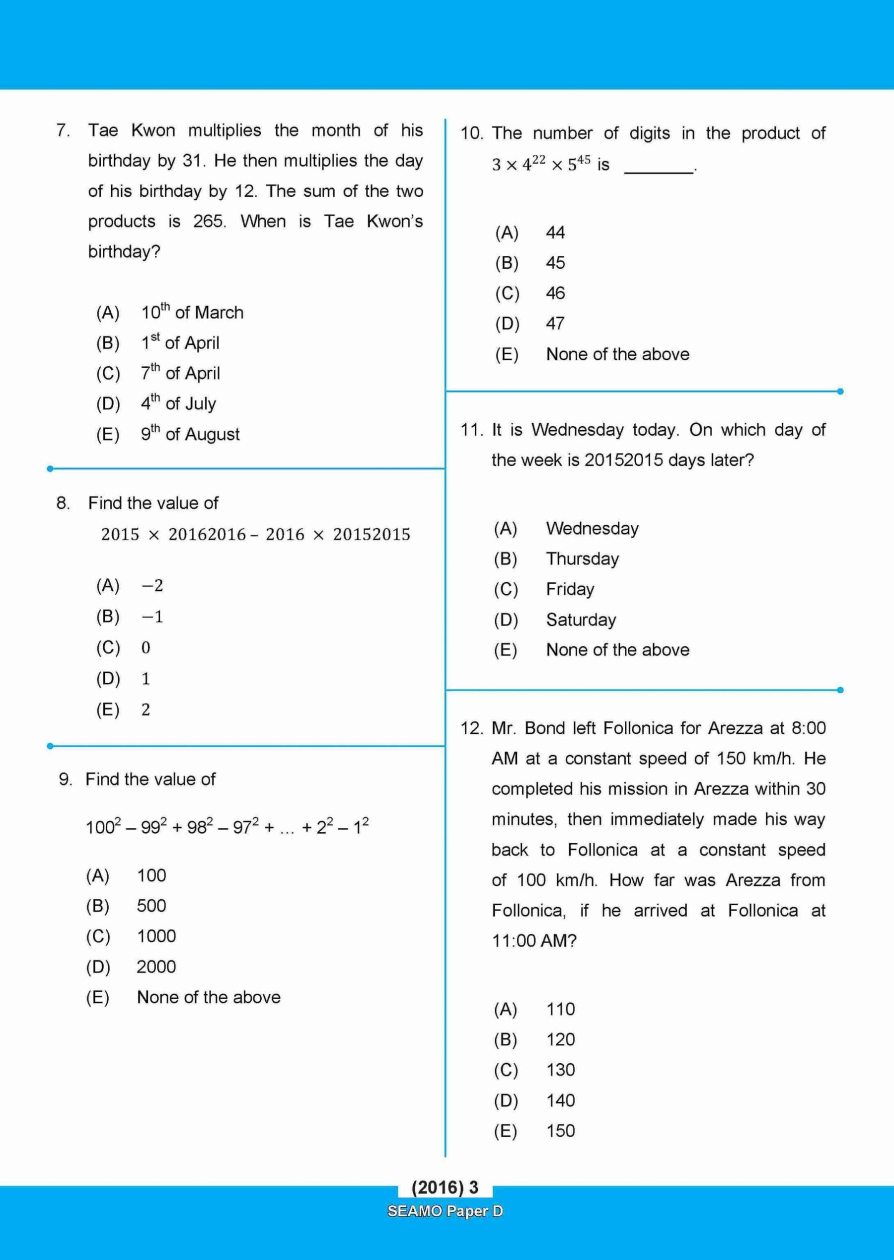SEAMO Math Olympiad International Competition Preparation Paper D (SEAMO 2016-2024 + SEAMO X 2019-2025) Secondary 1&2