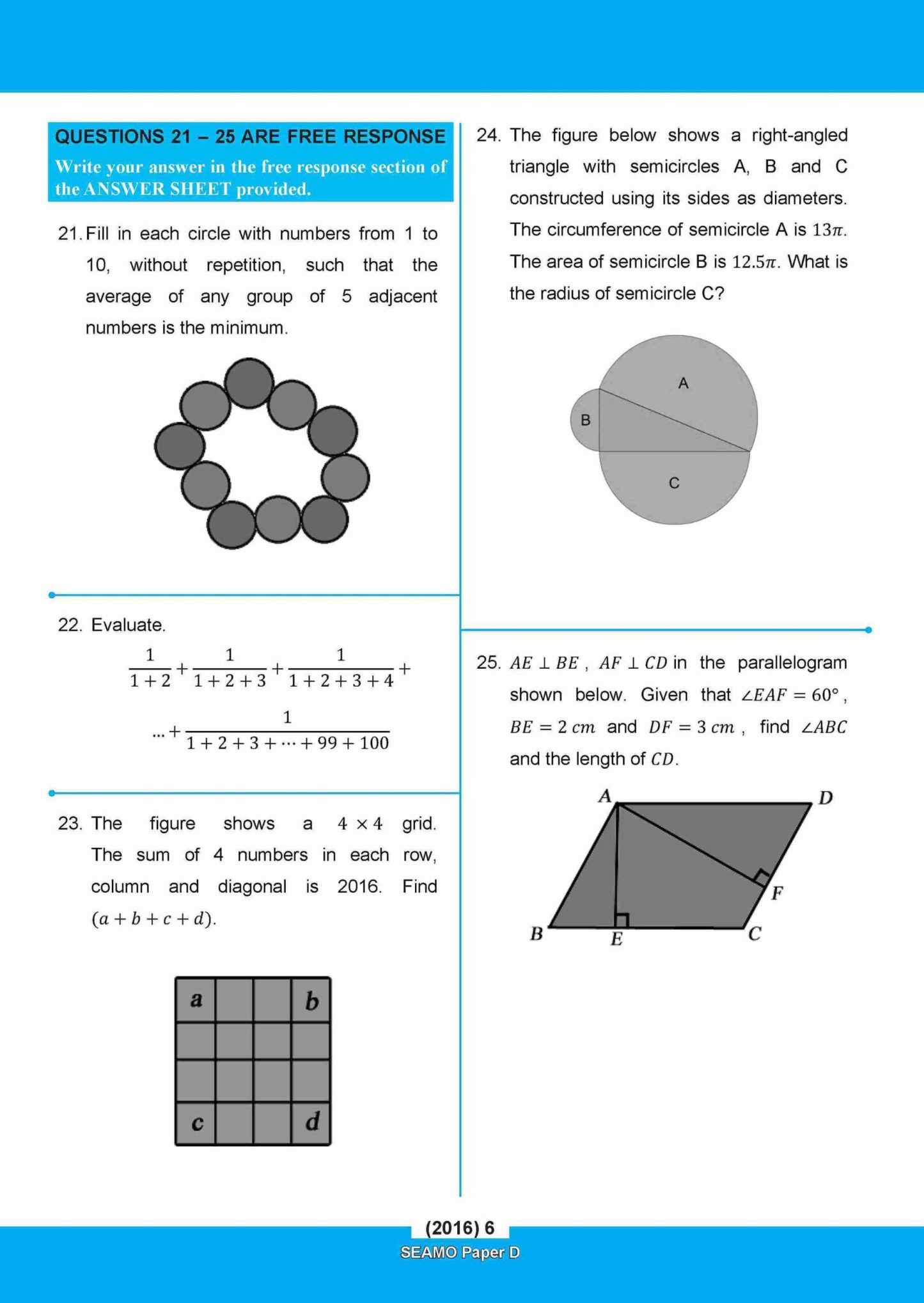 SEAMO Math Olympiad International Competition Preparation Paper D (SEAMO 2016-2024 + SEAMO X 2019-2025) Secondary 1&2