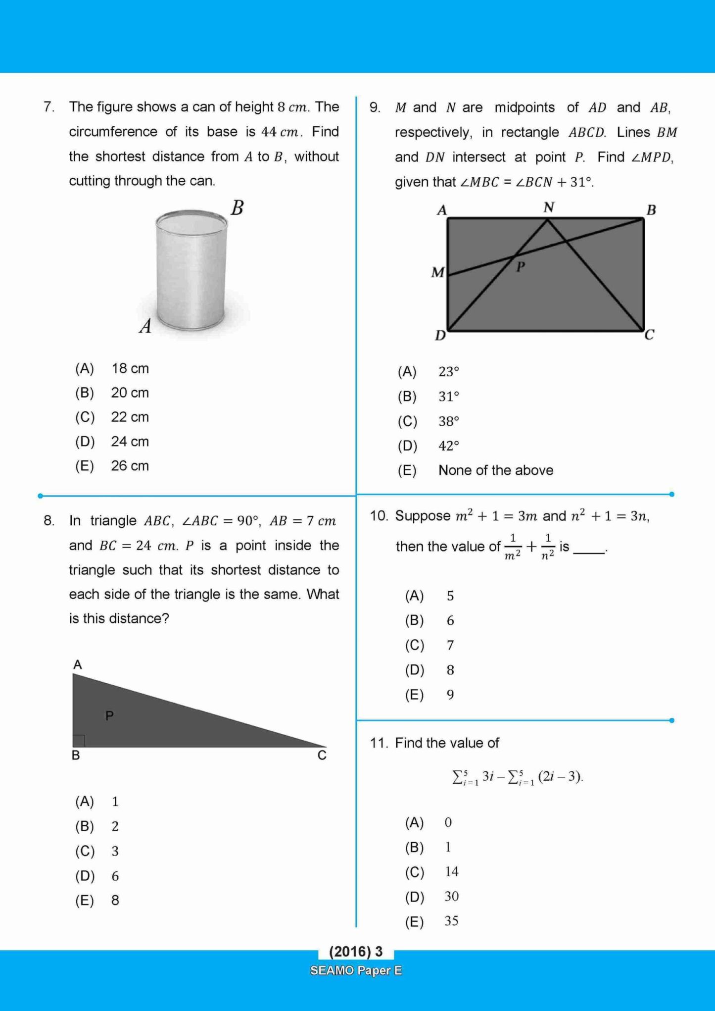 SEAMO Math Olympiad International Competition Preparation Paper E (SEAMO 2016-2024 + SEAMO X 2019-2025) Secondary 3&4