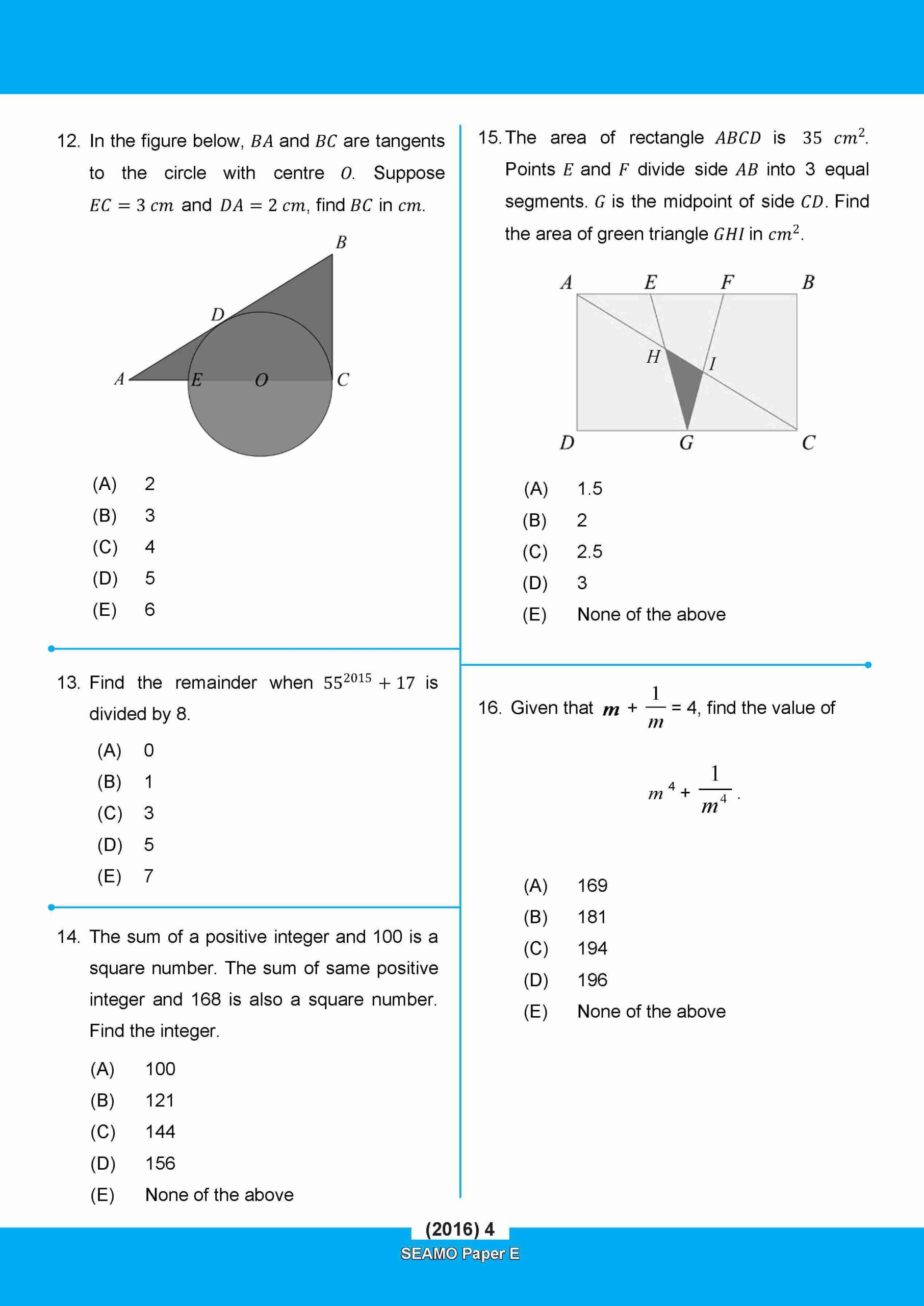 SEAMO Math Olympiad International Competition Preparation Paper E (SEAMO 2016-2024 + SEAMO X 2019-2025) Secondary 3&4