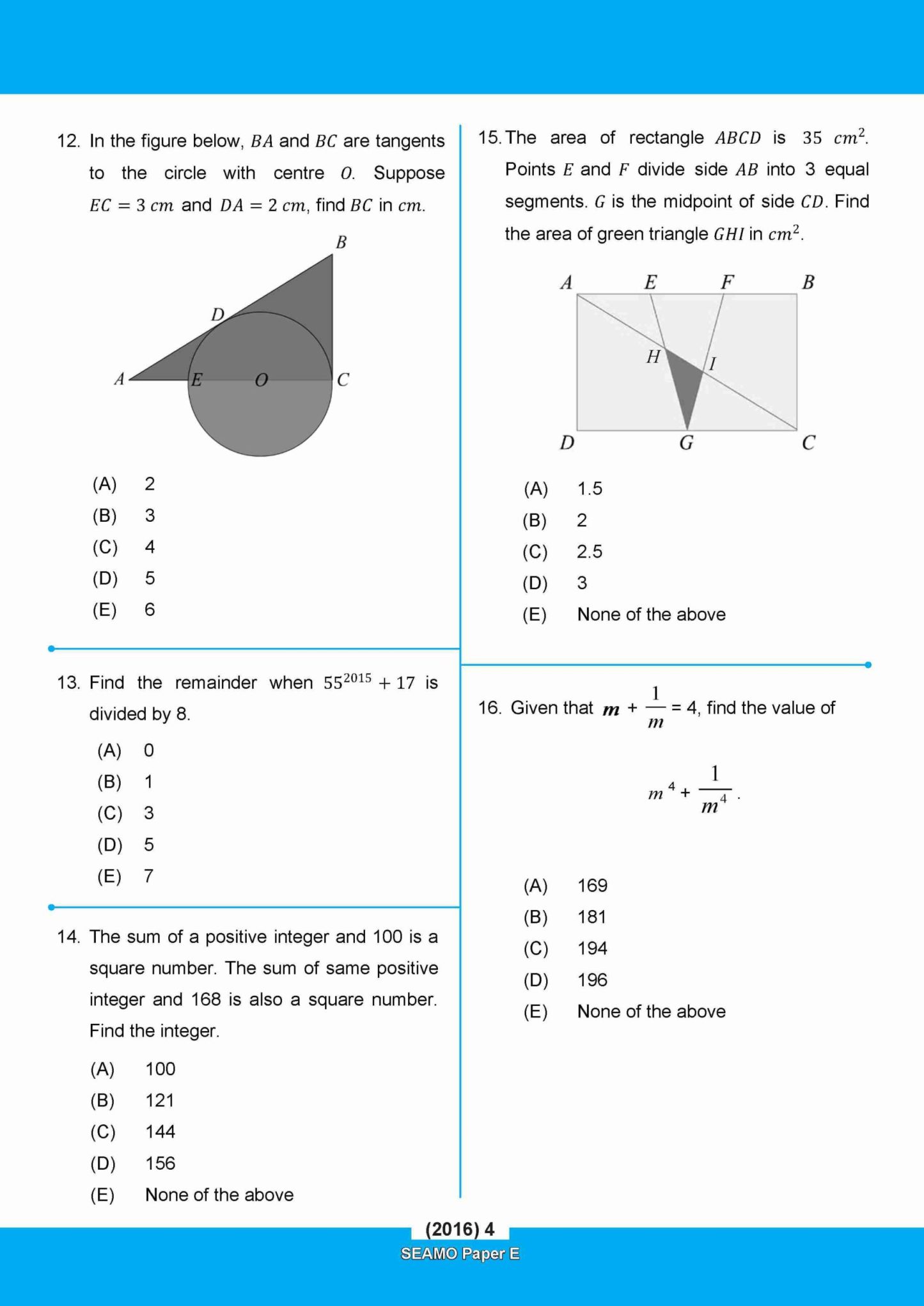 SEAMO Math Olympiad International Competition Preparation Paper E (SEAMO 2016-2024 + SEAMO X 2019-2025) Secondary 3&4