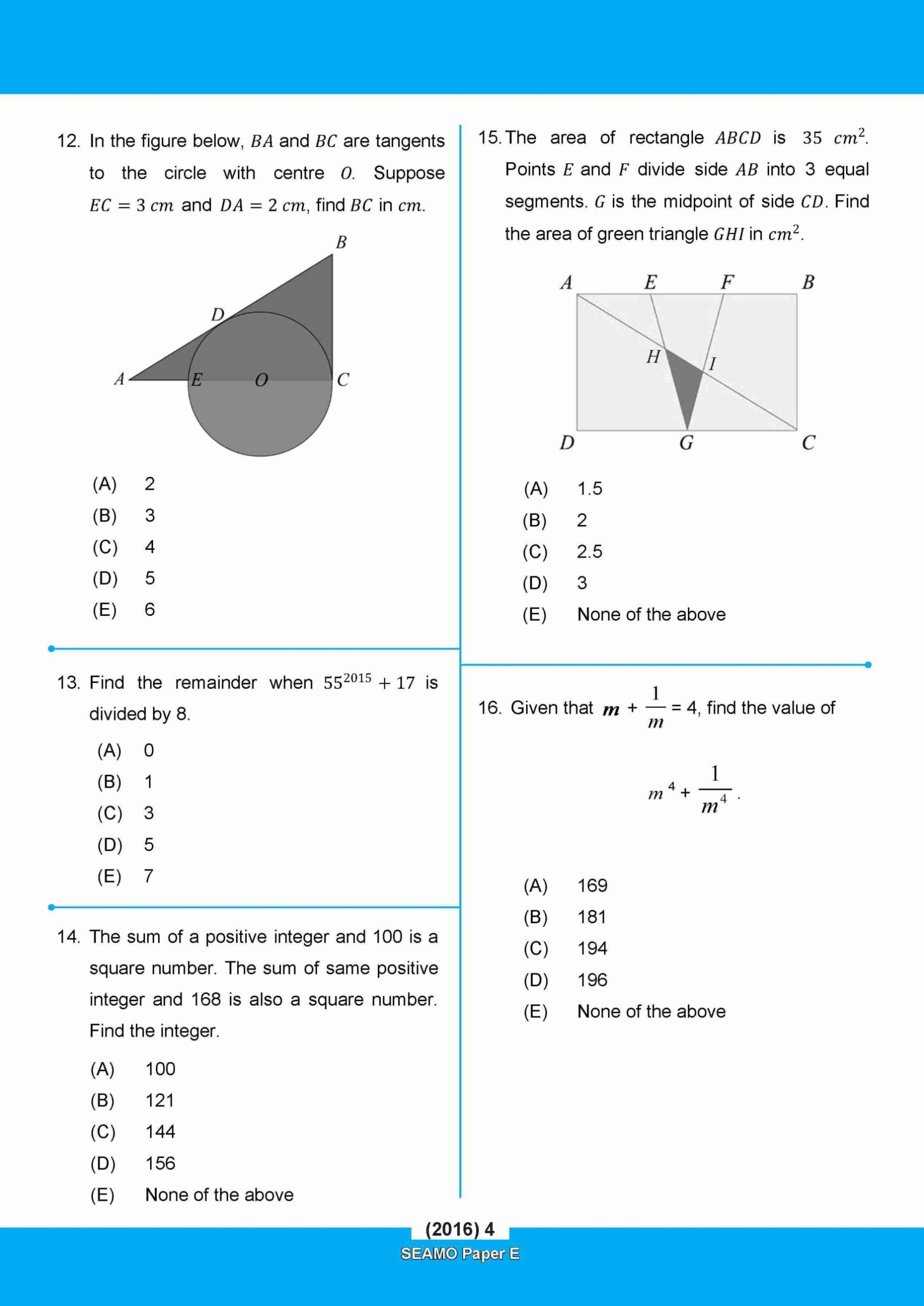 SEAMO Math Olympiad International Competition Preparation Paper E (SEAMO 2016-2024 + SEAMO X 2019-2025) Secondary 3&4