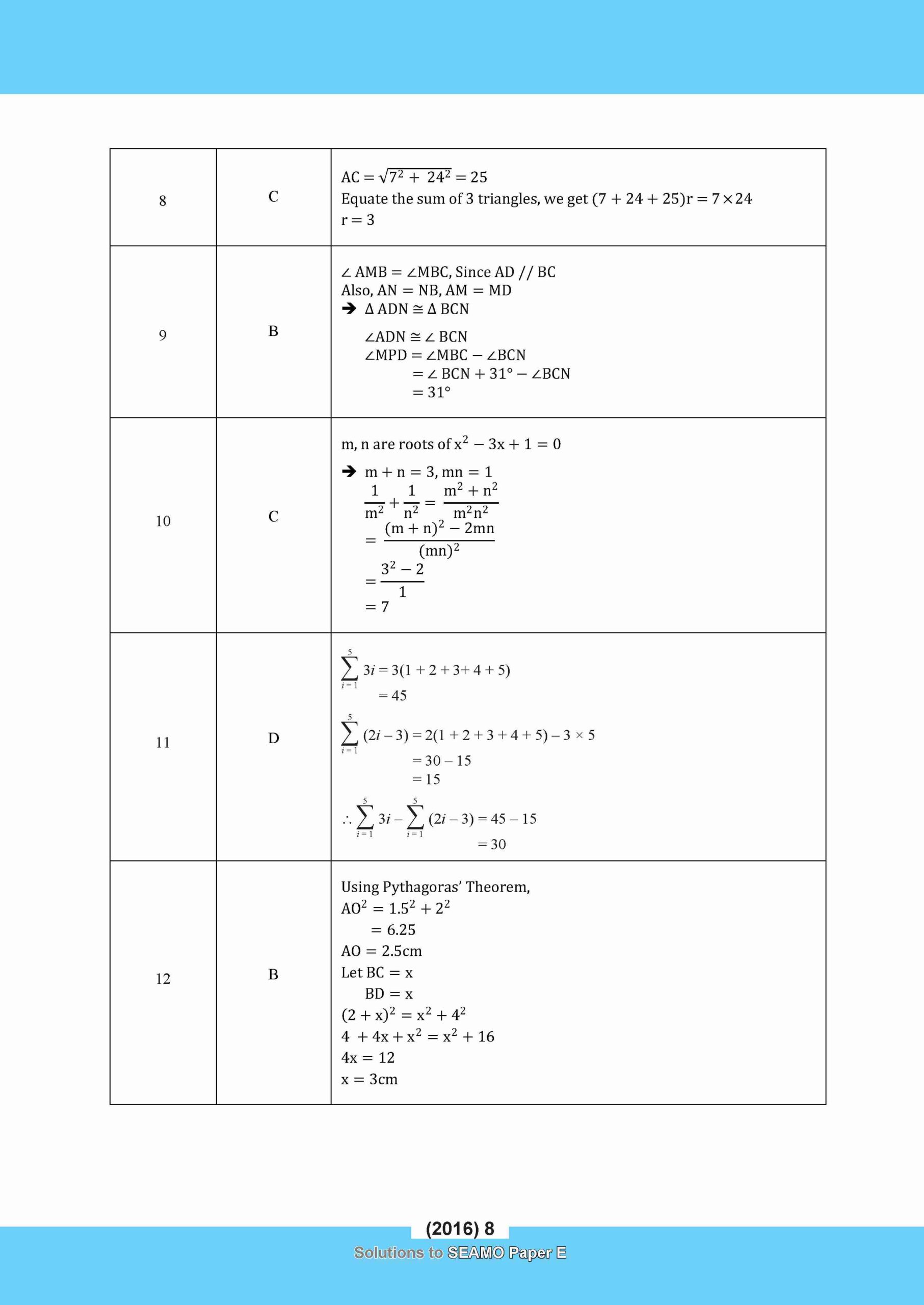 SEAMO Math Olympiad International Competition Preparation Paper E (SEAMO 2016-2024 + SEAMO X 2019-2025) Secondary 3&4