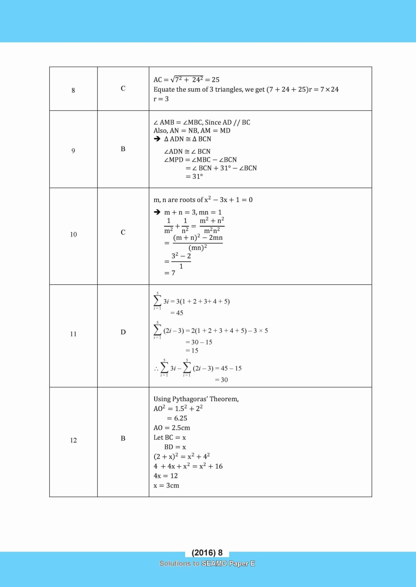 SEAMO Math Olympiad International Competition Preparation Paper E (SEAMO 2016-2024 + SEAMO X 2019-2025) Secondary 3&4