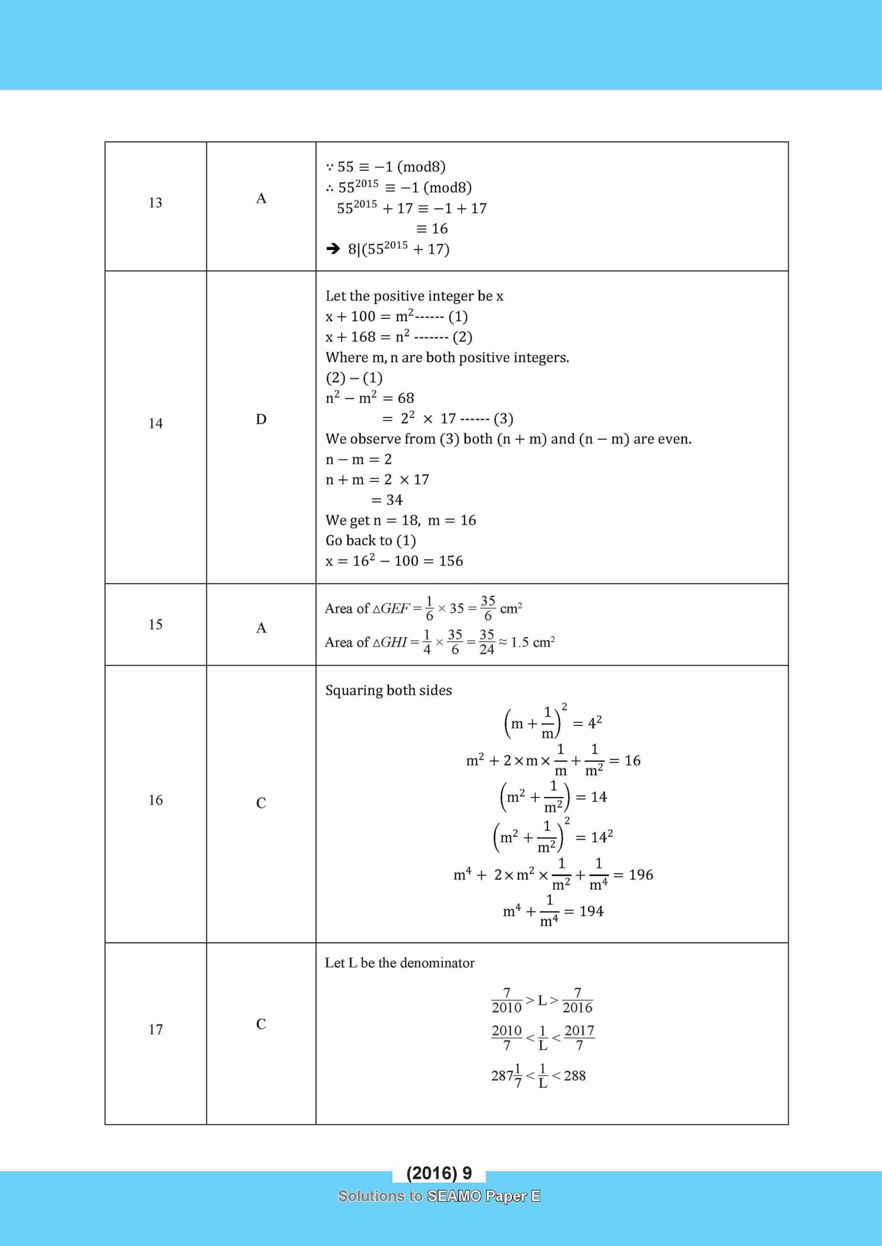 SEAMO Math Olympiad International Competition Preparation Paper E (SEAMO 2016-2024 + SEAMO X 2019-2025) Secondary 3&4