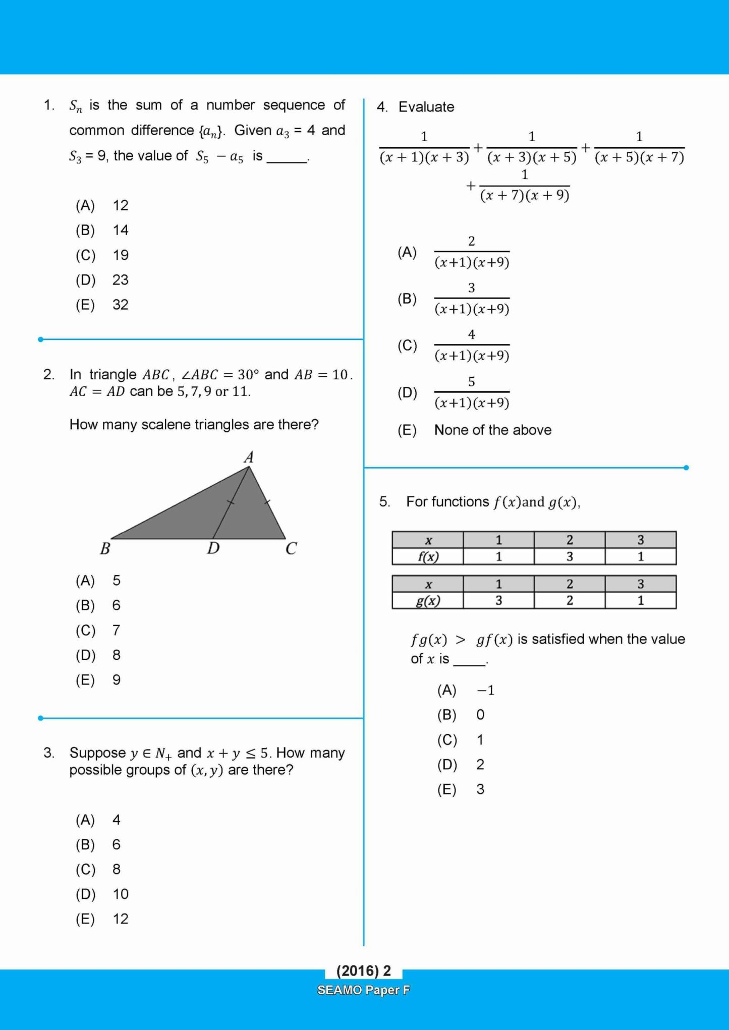                SEAMO Math Olympiad International Competition Preparation Paper F (SEAMO 2016-2024 + SEAMO X 2019-2025) Pre-University 1 & 2