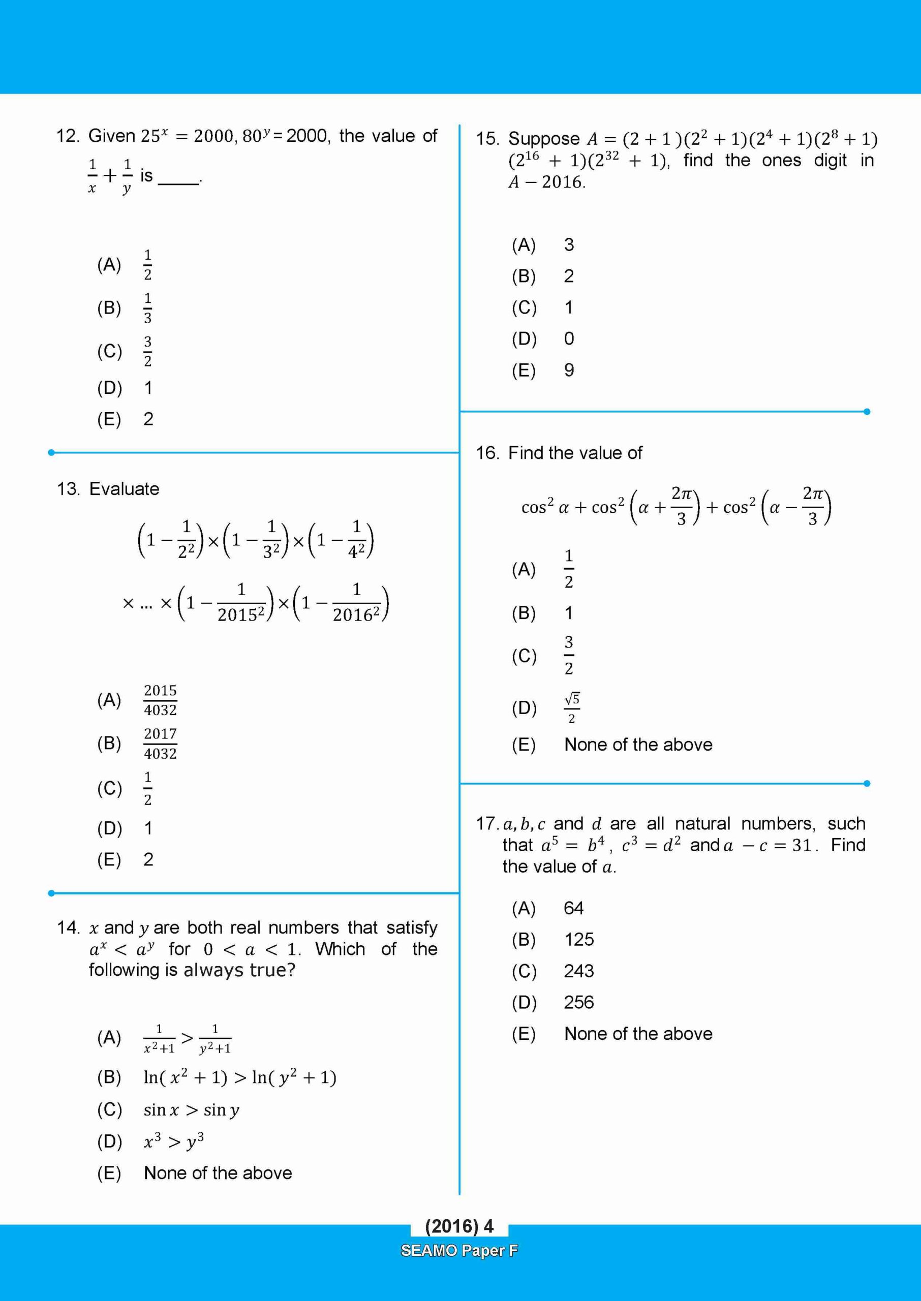                SEAMO Math Olympiad International Competition Preparation Paper F (SEAMO 2016-2024 + SEAMO X 2019-2025) Pre-University 1 & 2