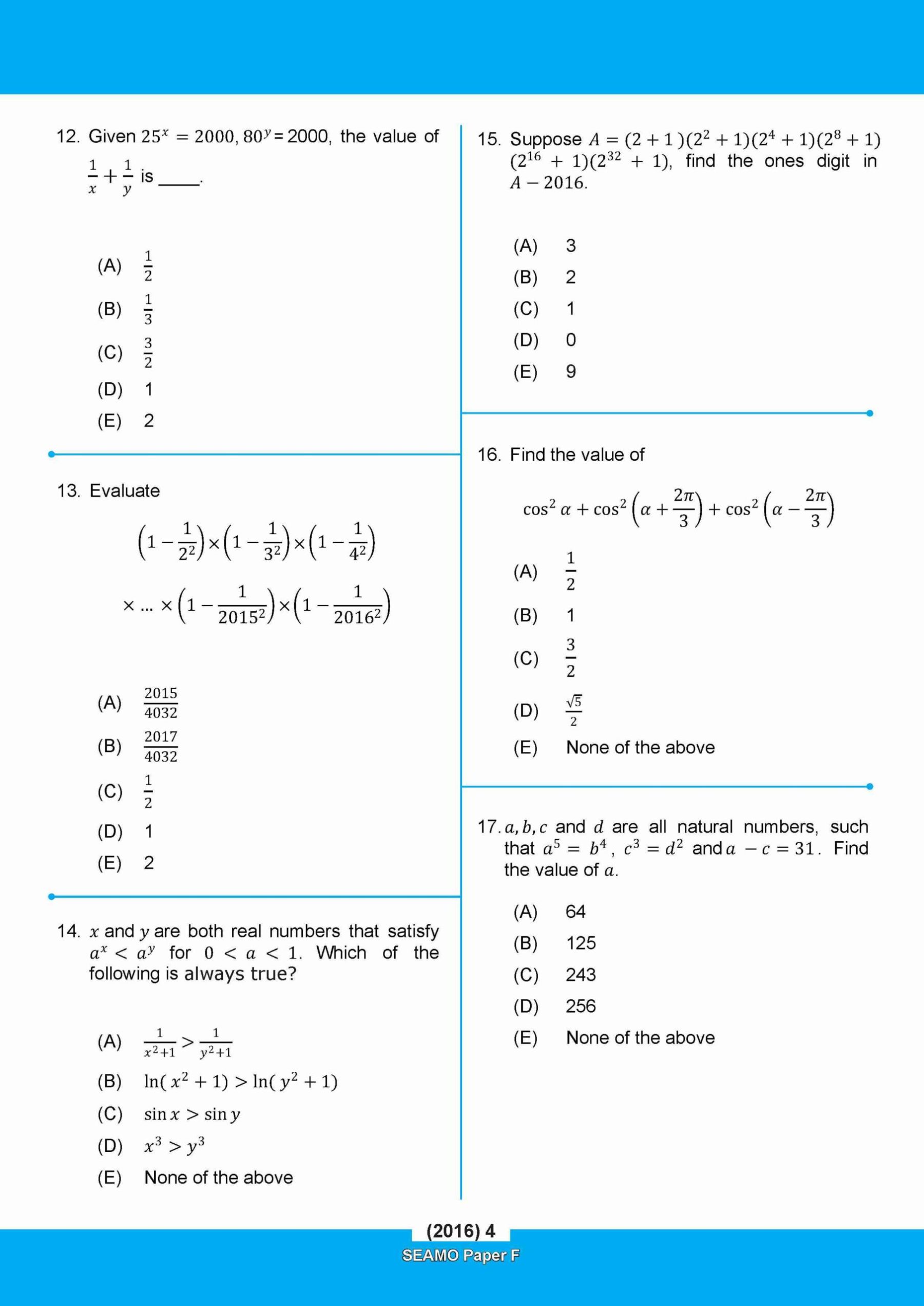                SEAMO Math Olympiad International Competition Preparation Paper F (SEAMO 2016-2024 + SEAMO X 2019-2025) Pre-University 1 & 2