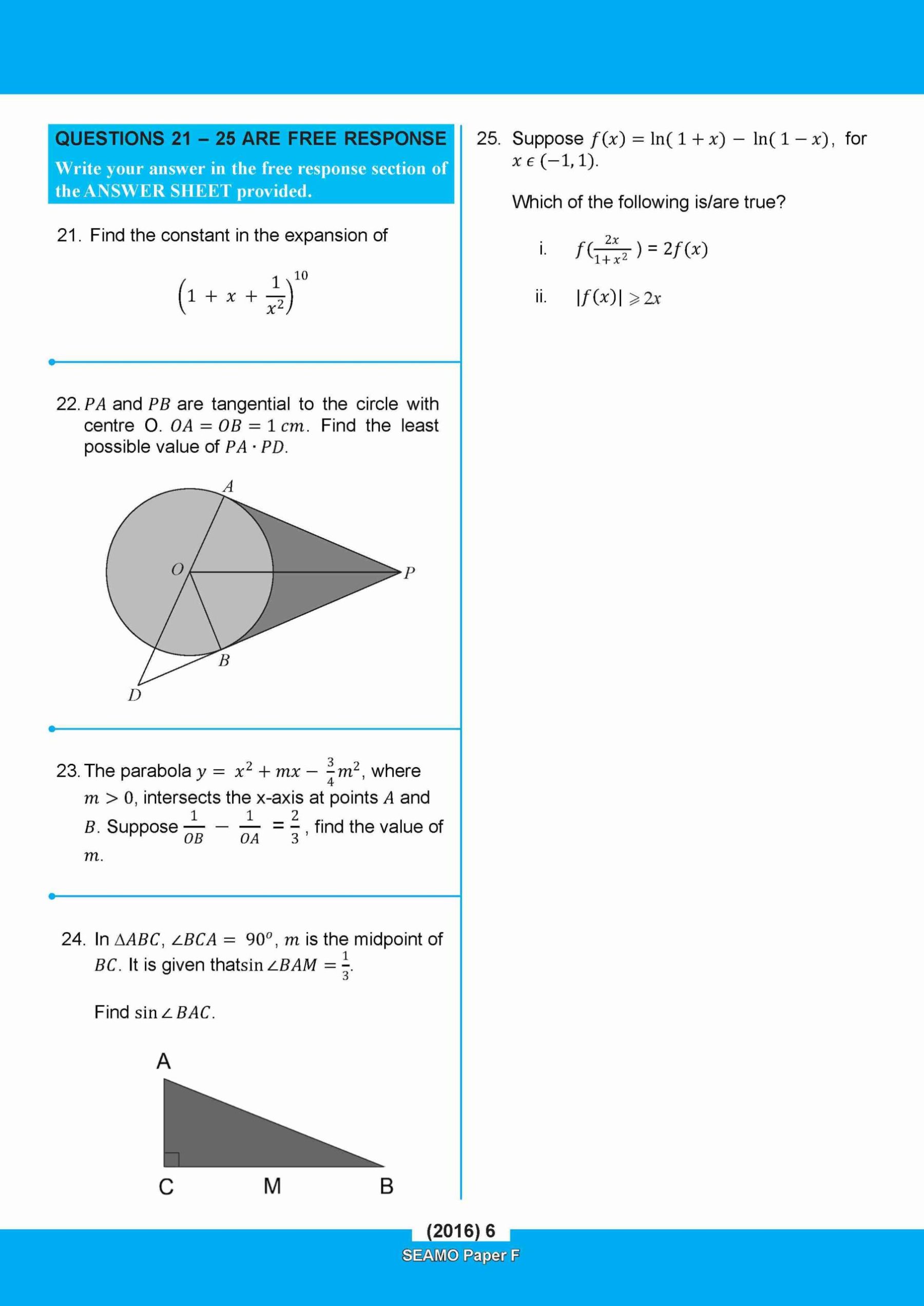                SEAMO Math Olympiad International Competition Preparation Paper F (SEAMO 2016-2024 + SEAMO X 2019-2025) Pre-University 1 & 2