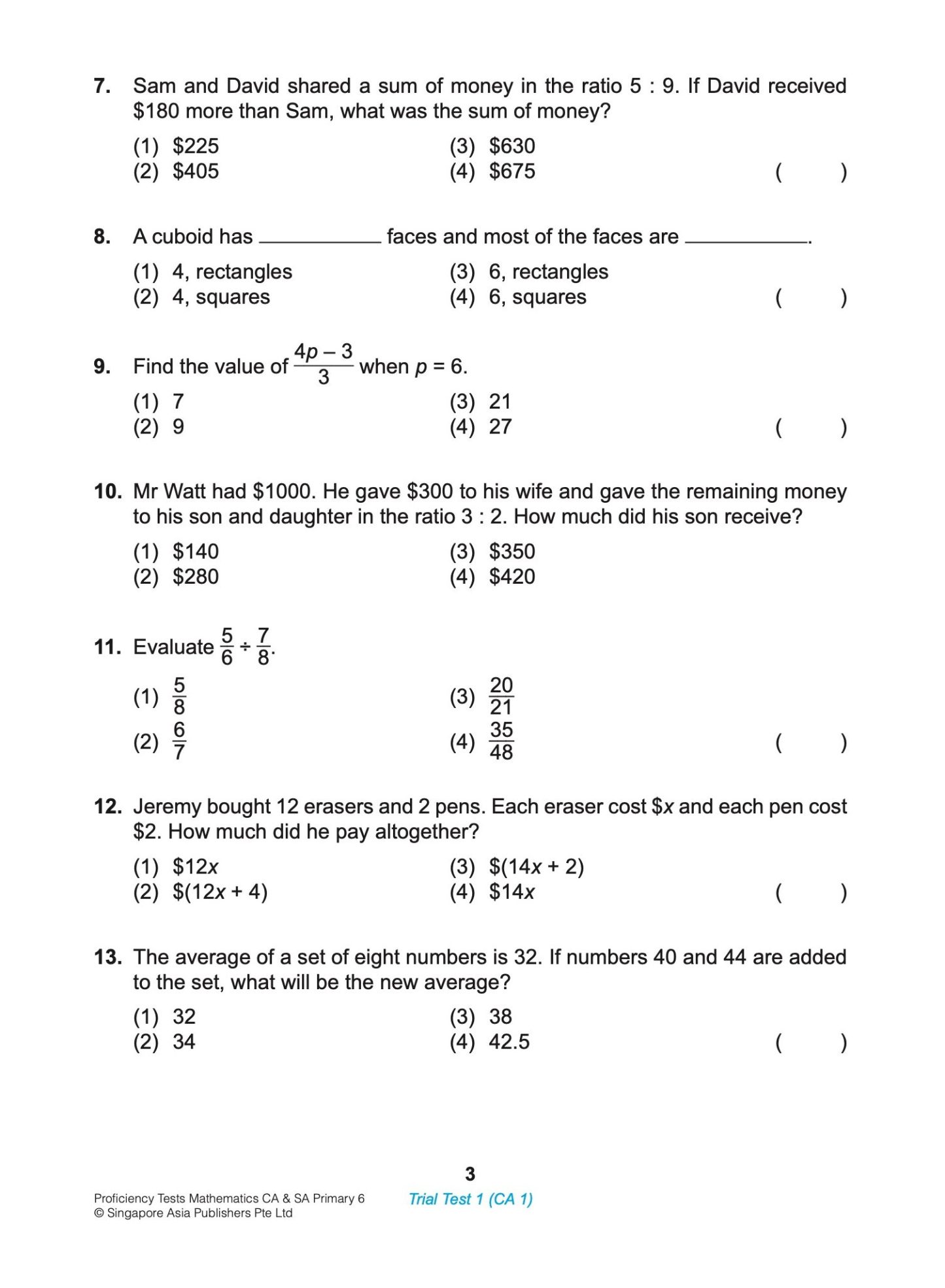 Proficiency Tests Mathematics Continual Assessment & Semestral Assessment 6