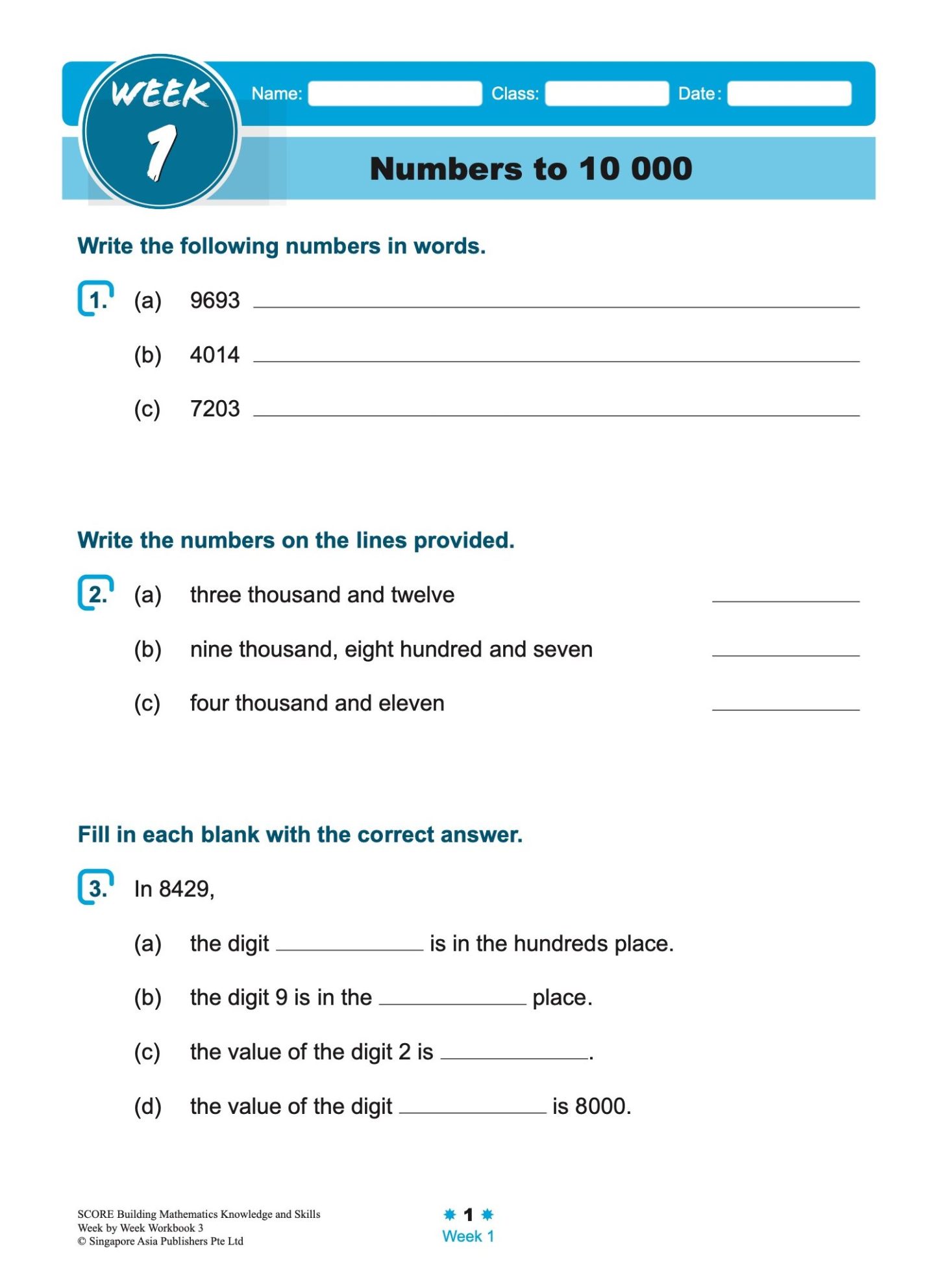 SCORE Building Mathematics Knowledge and Skills Week by Week Workbook 3