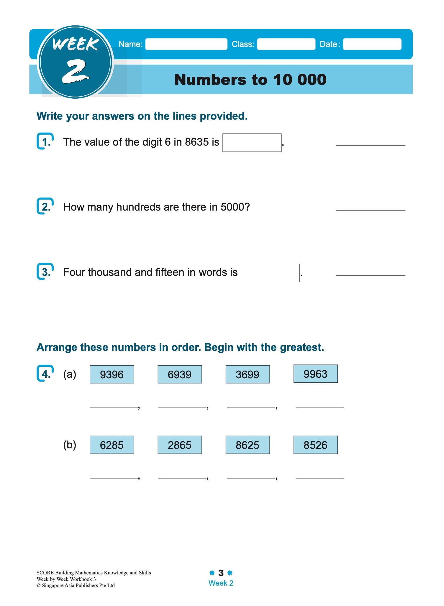 SCORE Building Mathematics Knowledge and Skills Week by Week Workbook 3