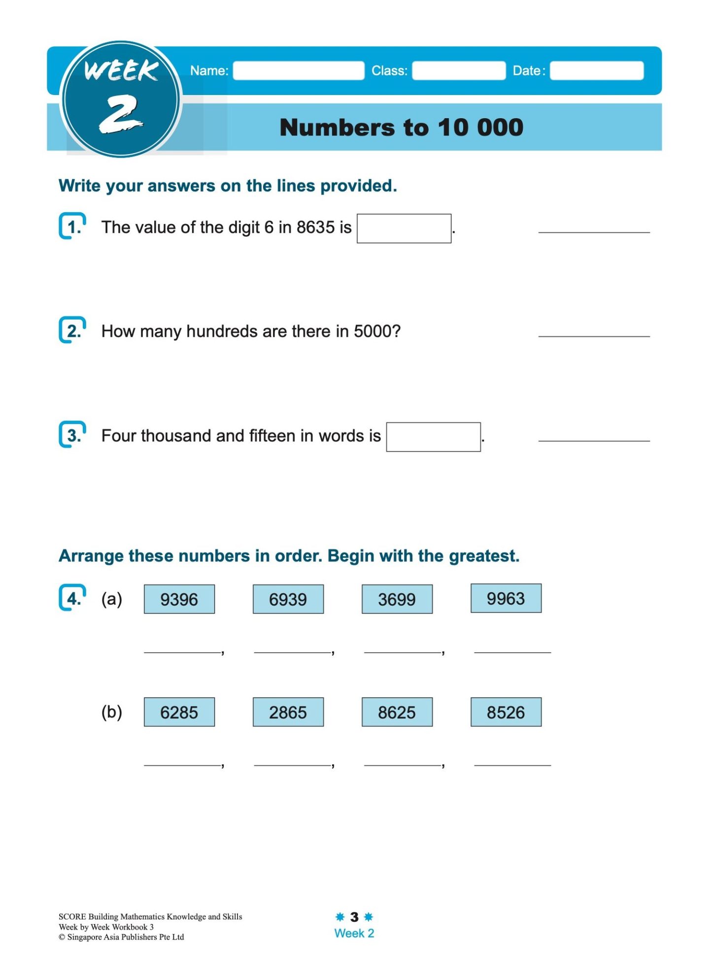 SCORE Building Mathematics Knowledge and Skills Week by Week Workbook 3