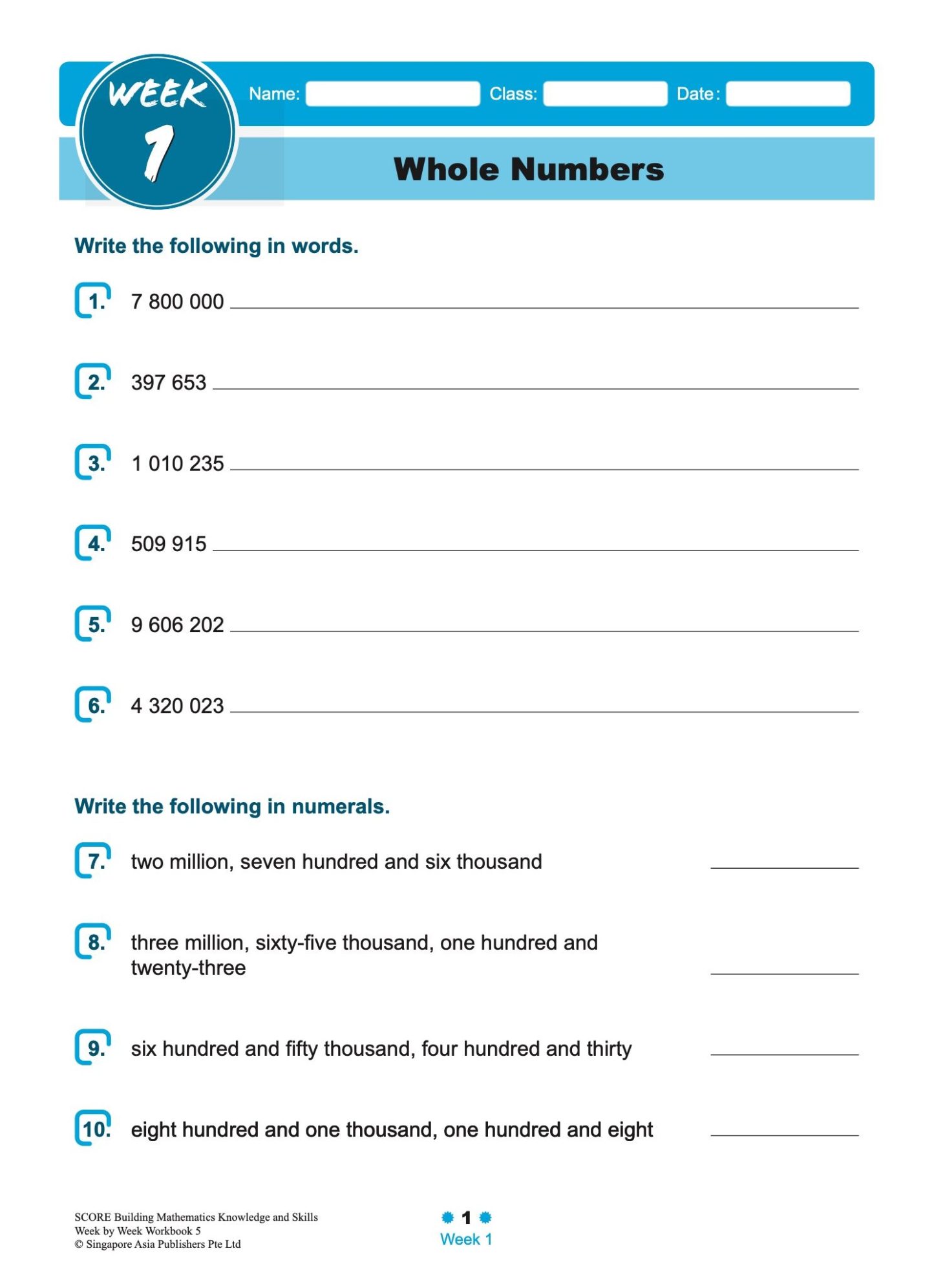 SCORE Building Mathematics Knowledge and Skills Week by Week Workbook 5