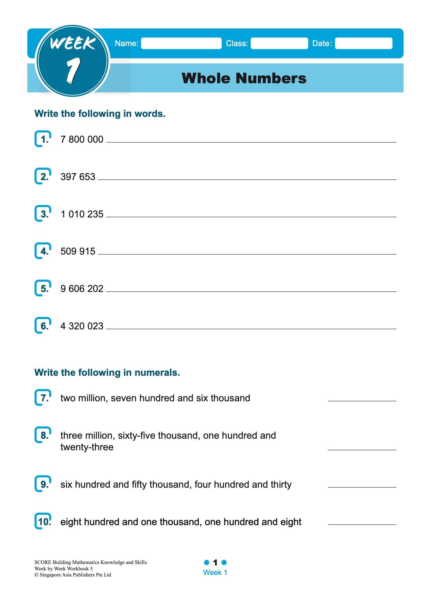 SCORE Building Mathematics Knowledge and Skills Week by Week Workbook 5