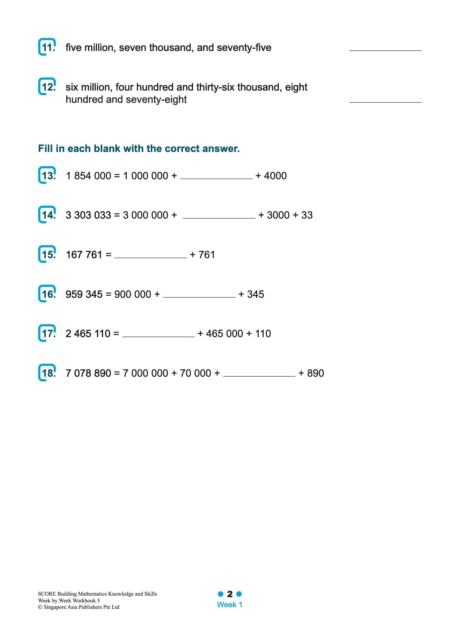 SCORE Building Mathematics Knowledge and Skills Week by Week Workbook 5