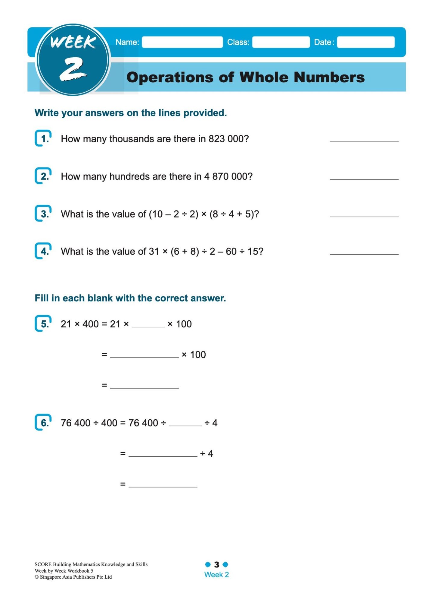 SCORE Building Mathematics Knowledge and Skills Week by Week Workbook 5