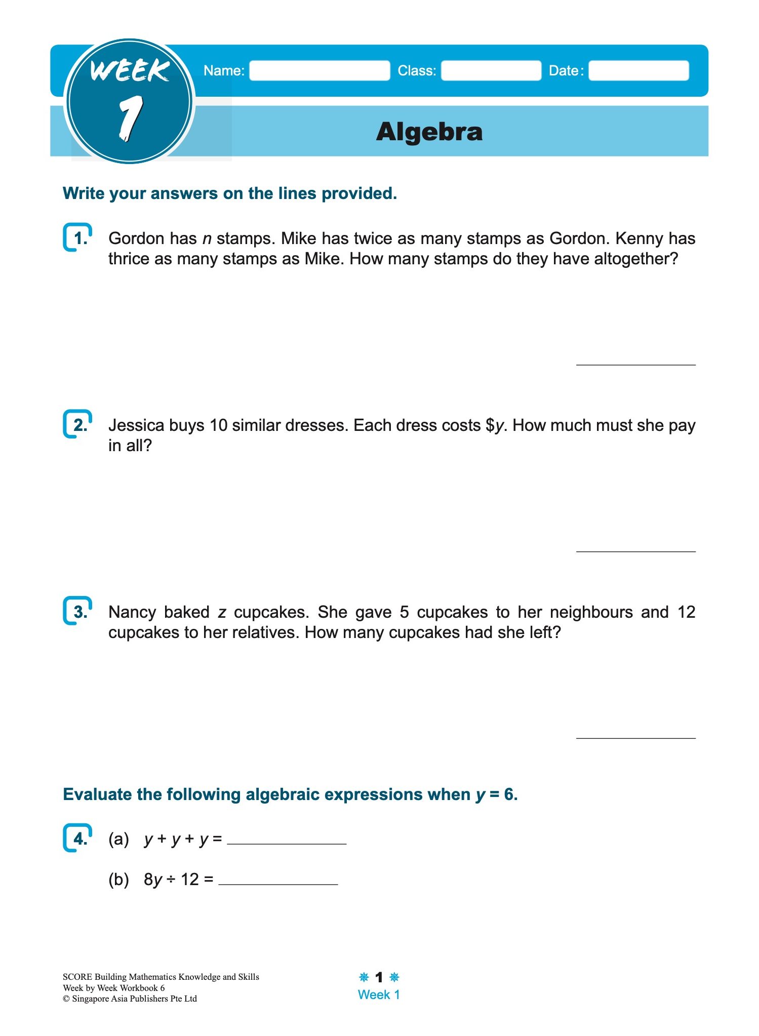 SCORE Building Mathematics Knowledge and Skills Week by Week Workbook 6