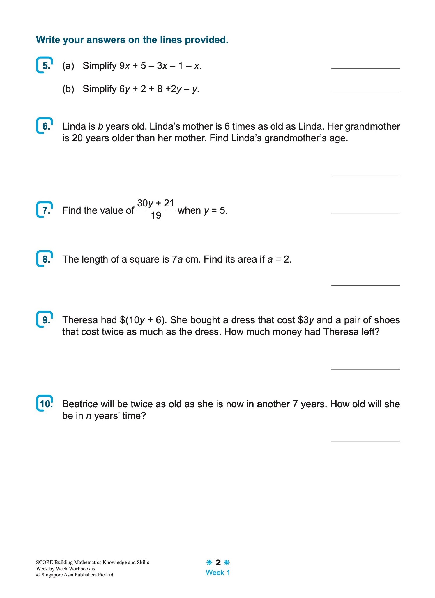SCORE Building Mathematics Knowledge and Skills Week by Week Workbook 6