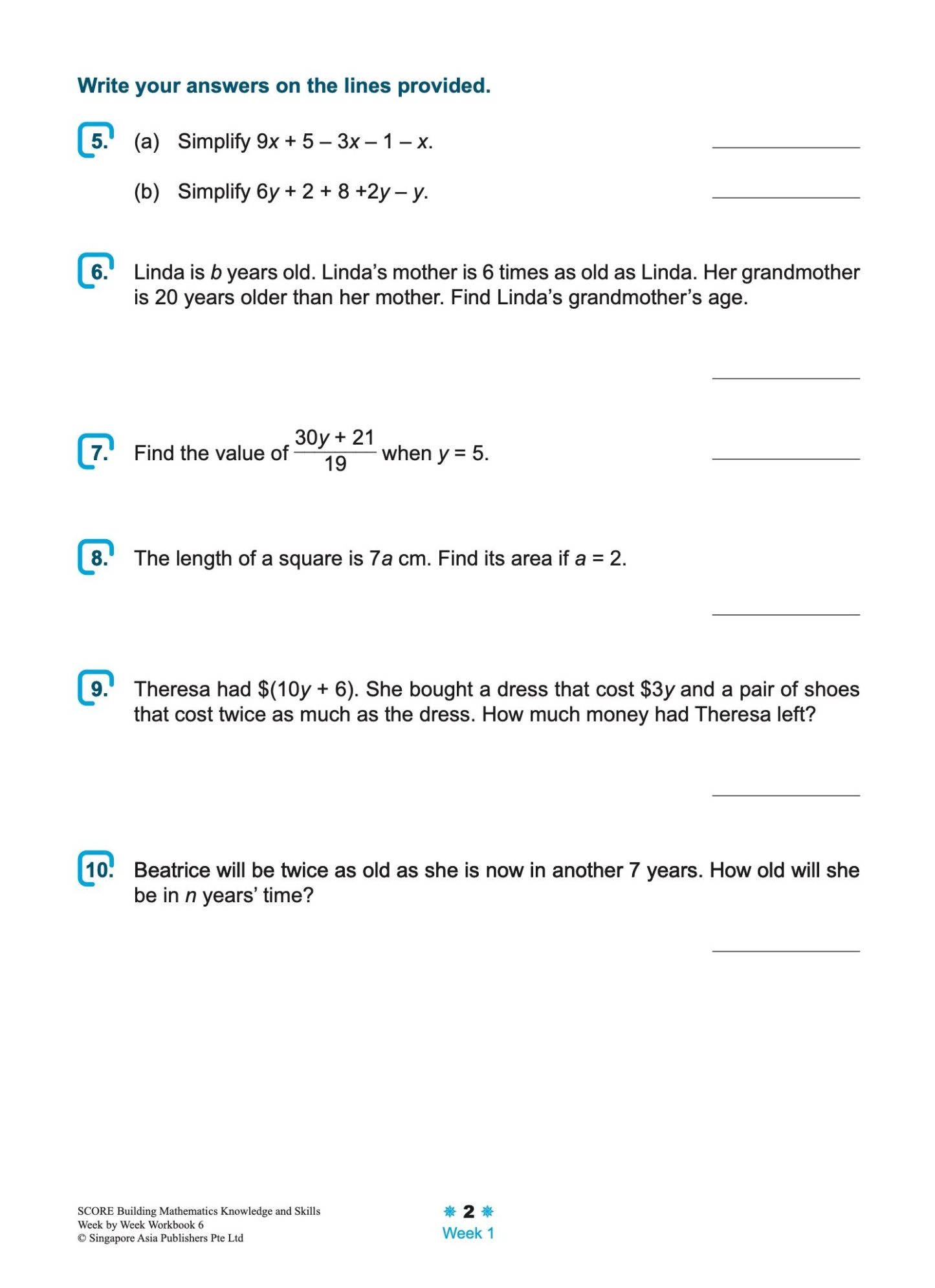 SCORE Building Mathematics Knowledge and Skills Week by Week Workbook 6