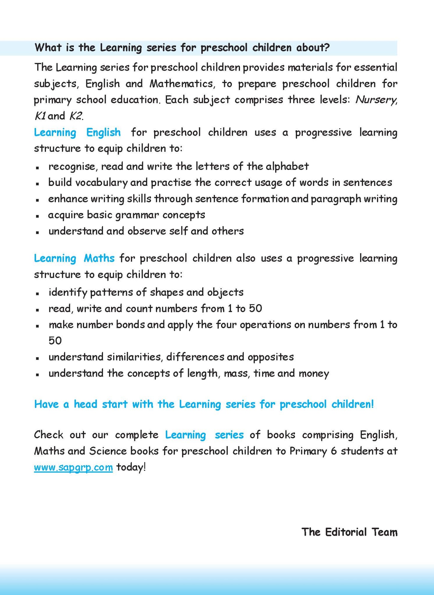 LEARNING MATHS Kindergarten 1