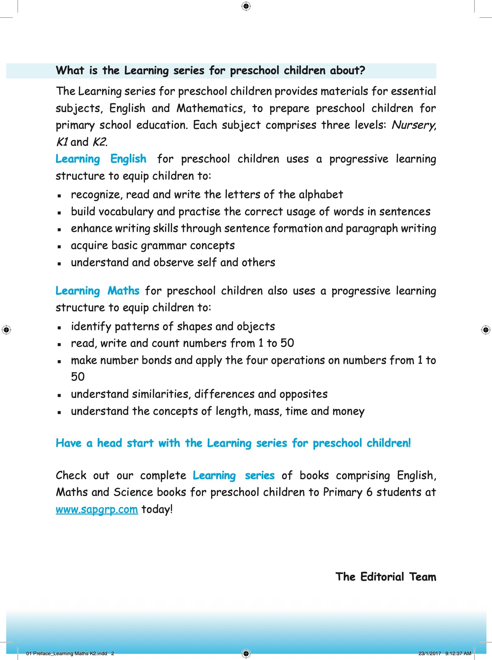 LEARNING MATHS Kindergarten 2