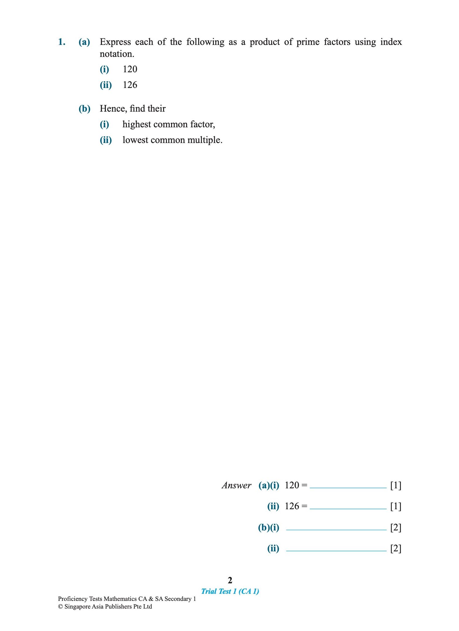 Proficiency Tests Mathematics CA & SA Secondary 1
