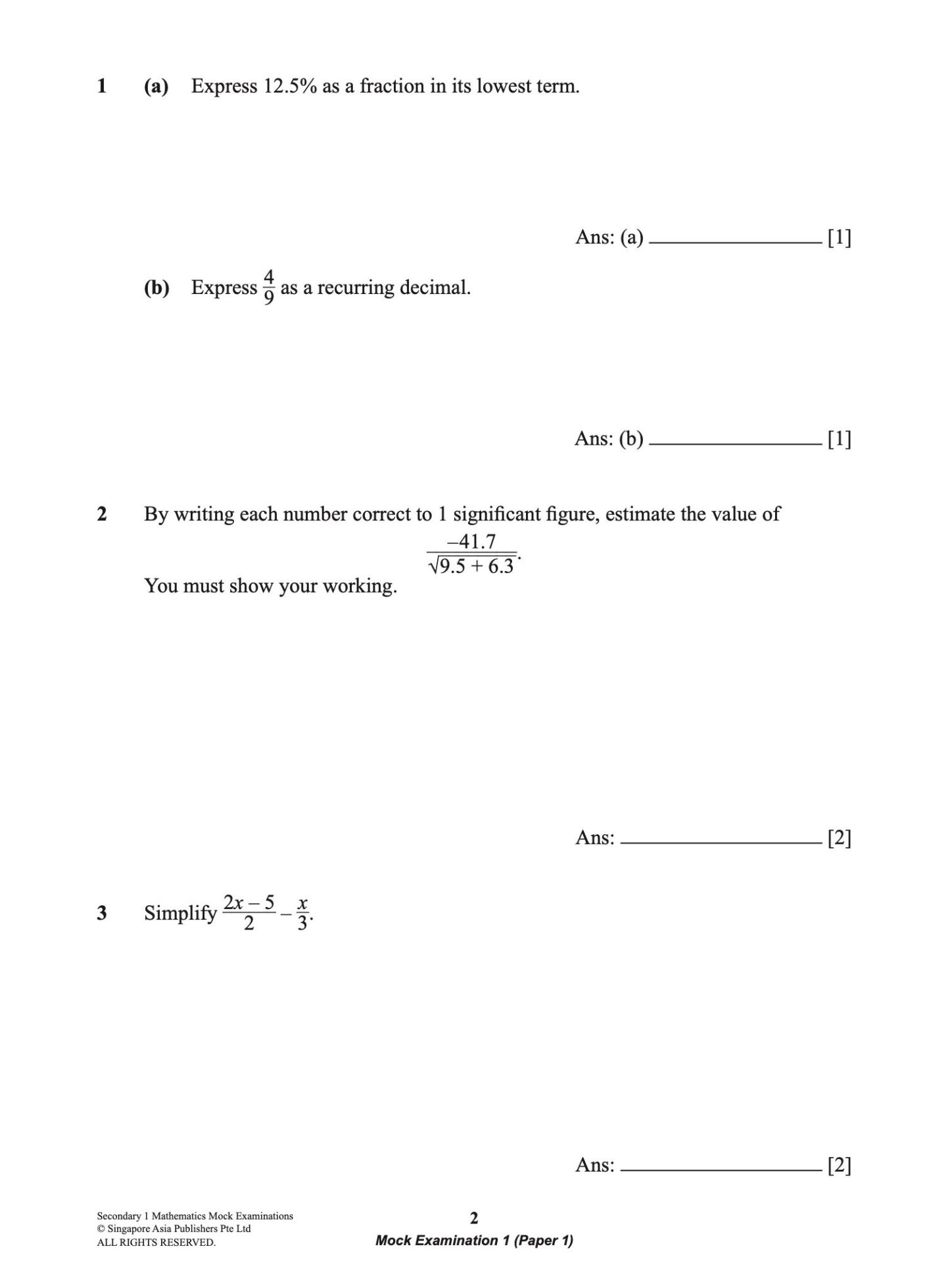 Secondary 1 MATHEMATICS Mock EXAMINATIONS