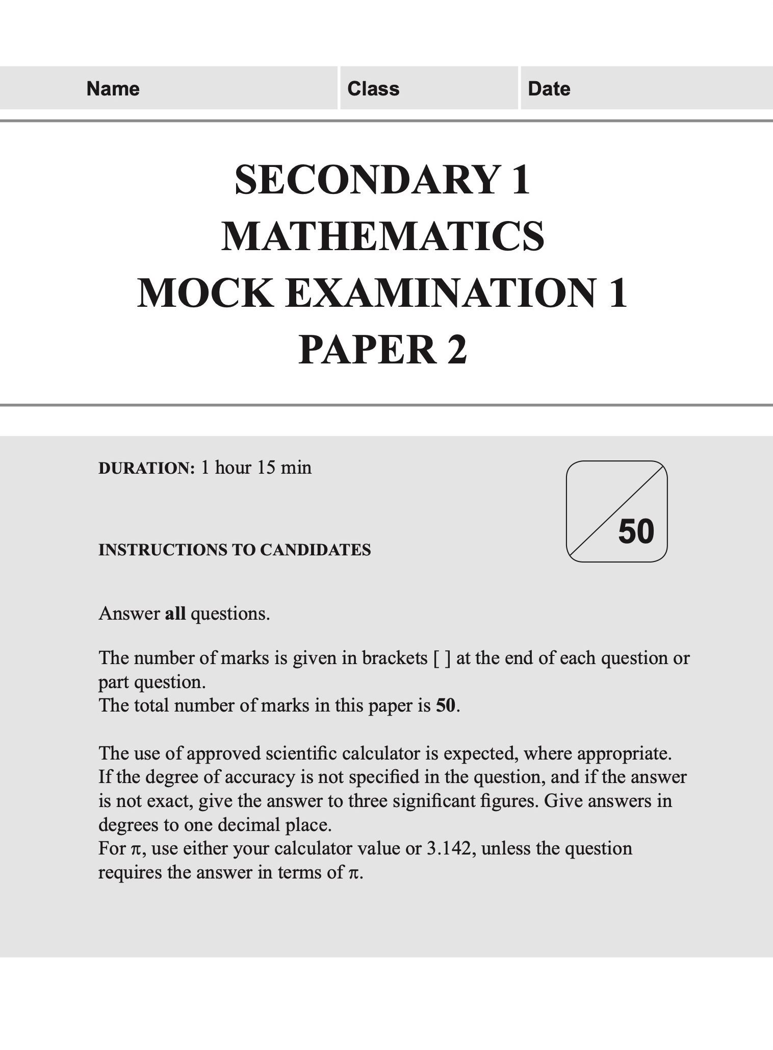 Secondary 1 MATHEMATICS Mock EXAMINATIONS