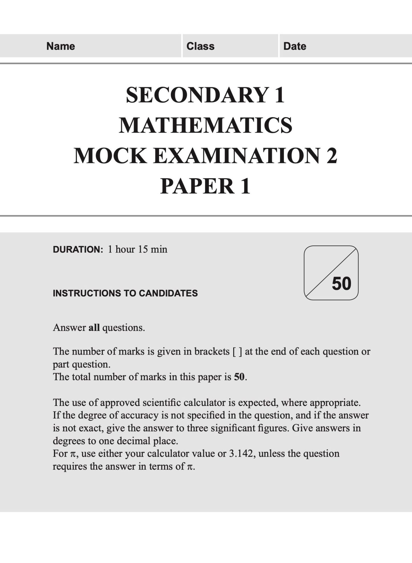 Secondary 1 MATHEMATICS Mock EXAMINATIONS
