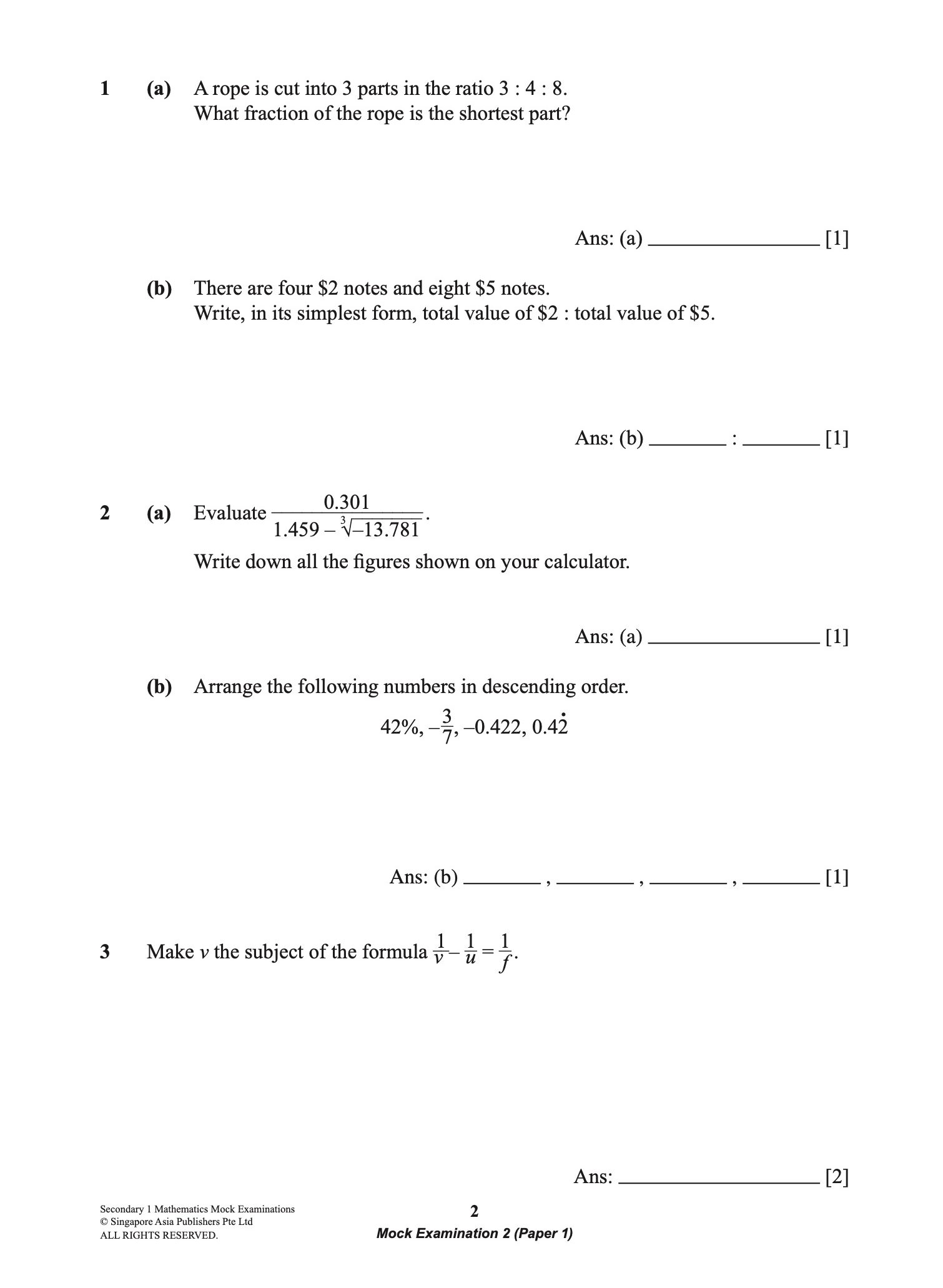 Secondary 1 MATHEMATICS Mock EXAMINATIONS