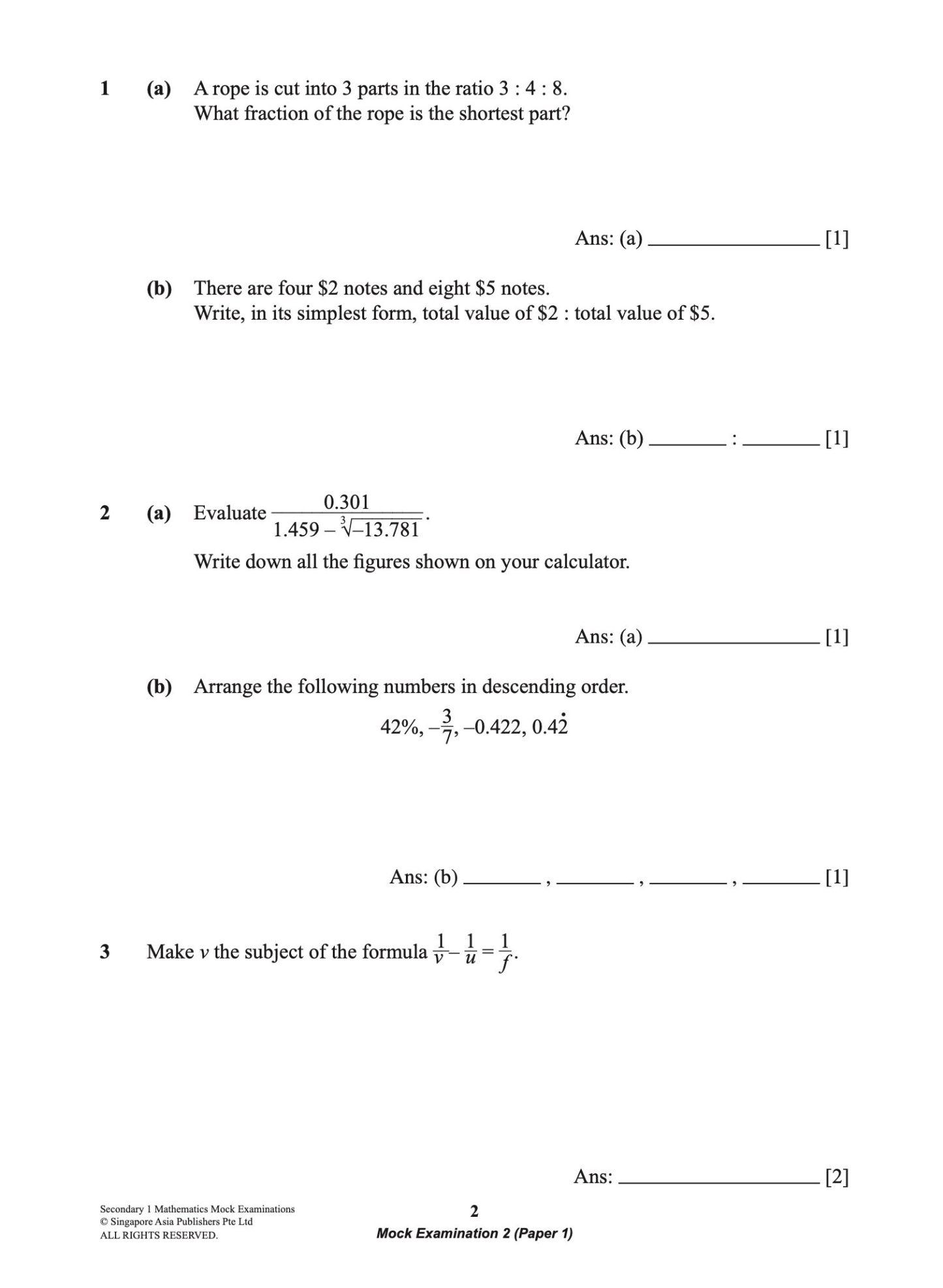 Secondary 1 MATHEMATICS Mock EXAMINATIONS