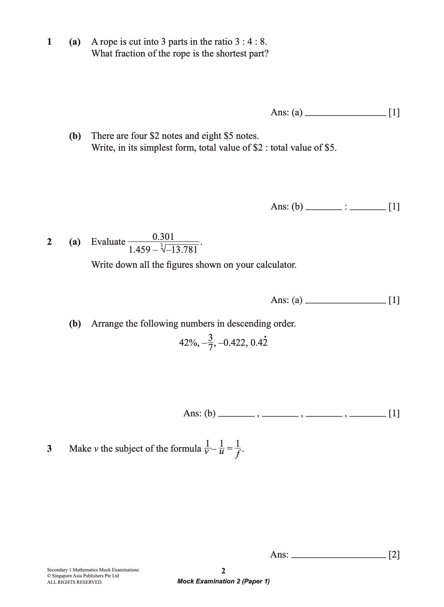 Secondary 1 MATHEMATICS Mock EXAMINATIONS