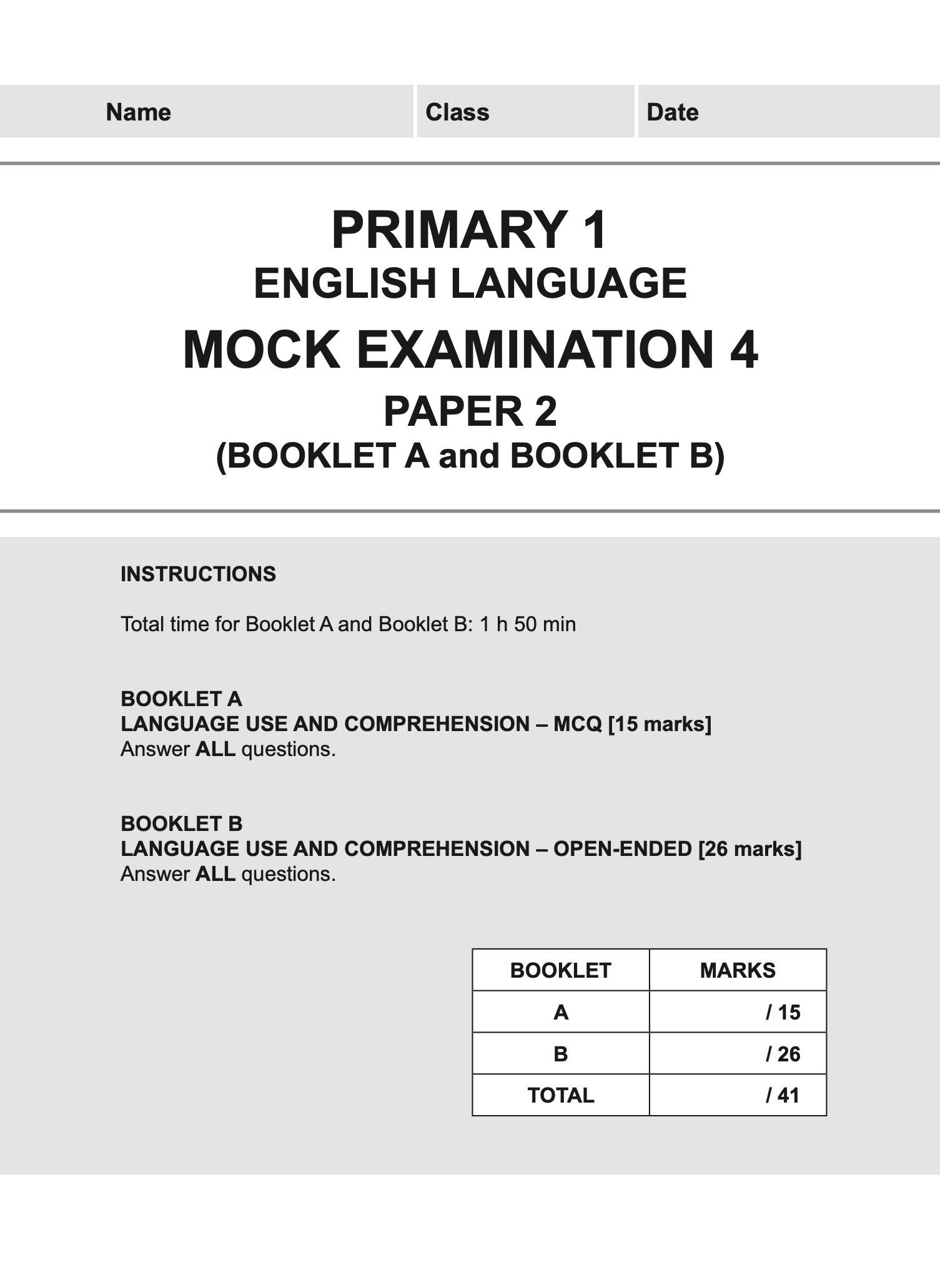 Primary 1 English Mock Examinations