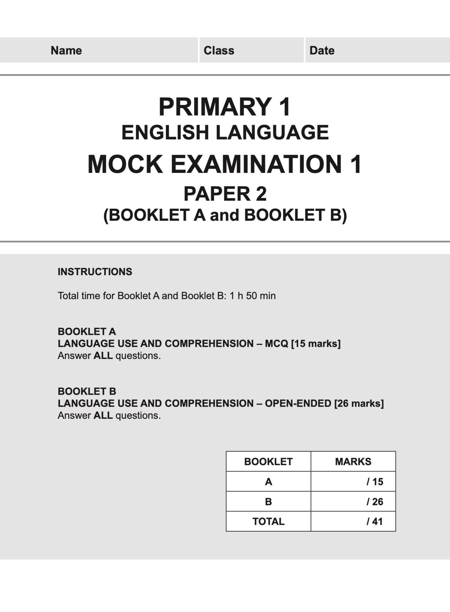 Primary 1 English Mock Examinations