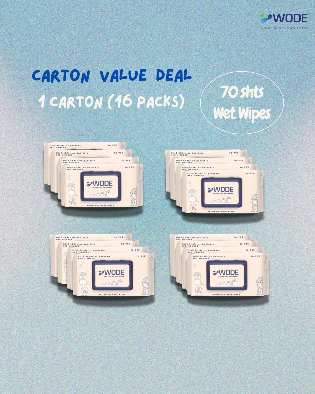 WODE Wet Wipes (Regular,70pcs)-Carton Value Deal (16 packs)