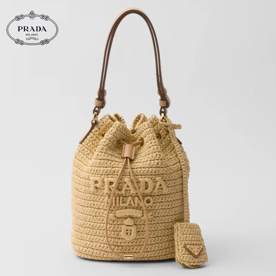 PRADA プラダ◆ラフィア×レザー ミニバケットバッグ ストラップ付 15*19*10CM  240920